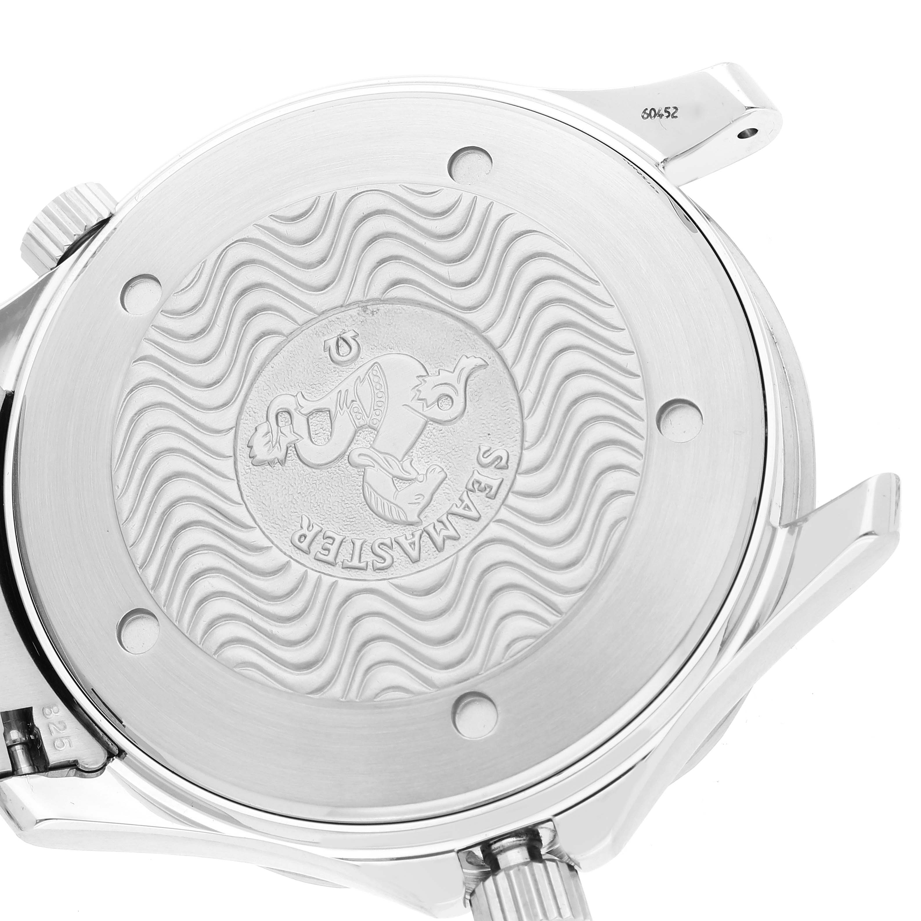 The image shows the case back of an Omega Seamaster 2531.80.00 Men's Stainless Steel Blue Dial 2531.80.00 Men's Stainless Steel Blue Dial watch with its signature engraving and wave pattern.