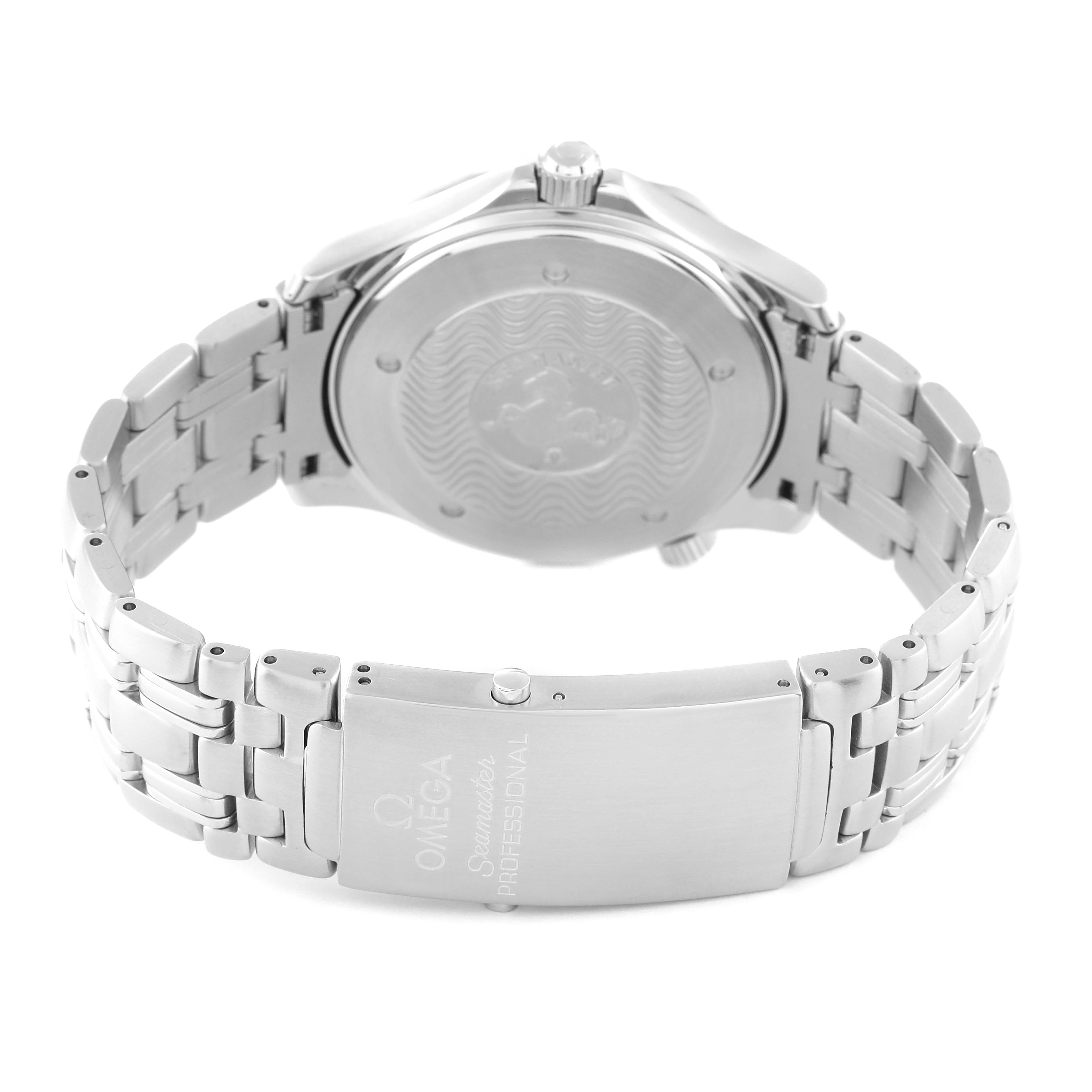 The image shows a rear view of the Omega Seamaster 2531.80.00 Men's Stainless Steel Blue Dial 2531.80.00 Men's Stainless Steel Blue Dial watch, highlighting the case back and the metal bracelet with its folding clasp.