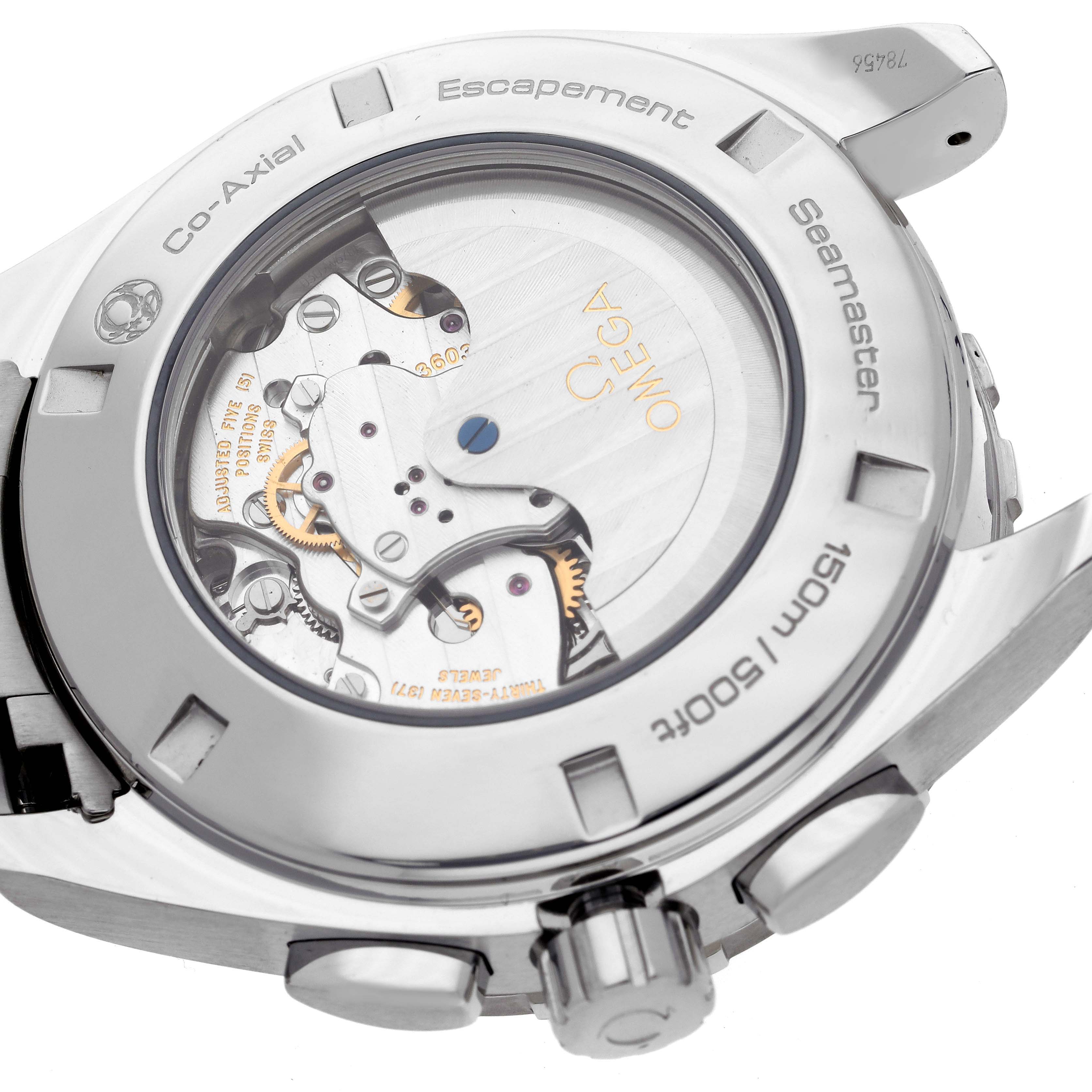 This Omega Seamaster 231.10.44.52.04.001 Men
s Stainless Steel White Dial 231.10.44.52.04.001 Men
s Stainless Steel White Dial watch is shown from the back, highlighting the movement and case details.