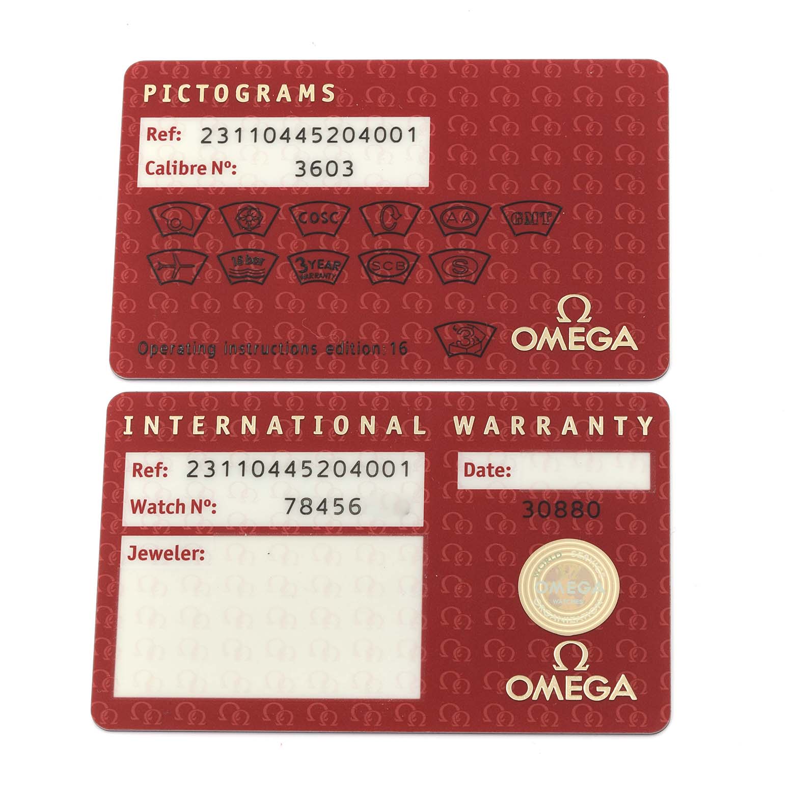 The image shows Omega Seamaster 231.10.44.52.04.001 Men
s Stainless Steel White Dial 231.10.44.52.04.001 Men
s Stainless Steel White Dial pictograms and an international warranty card from a top-down view.