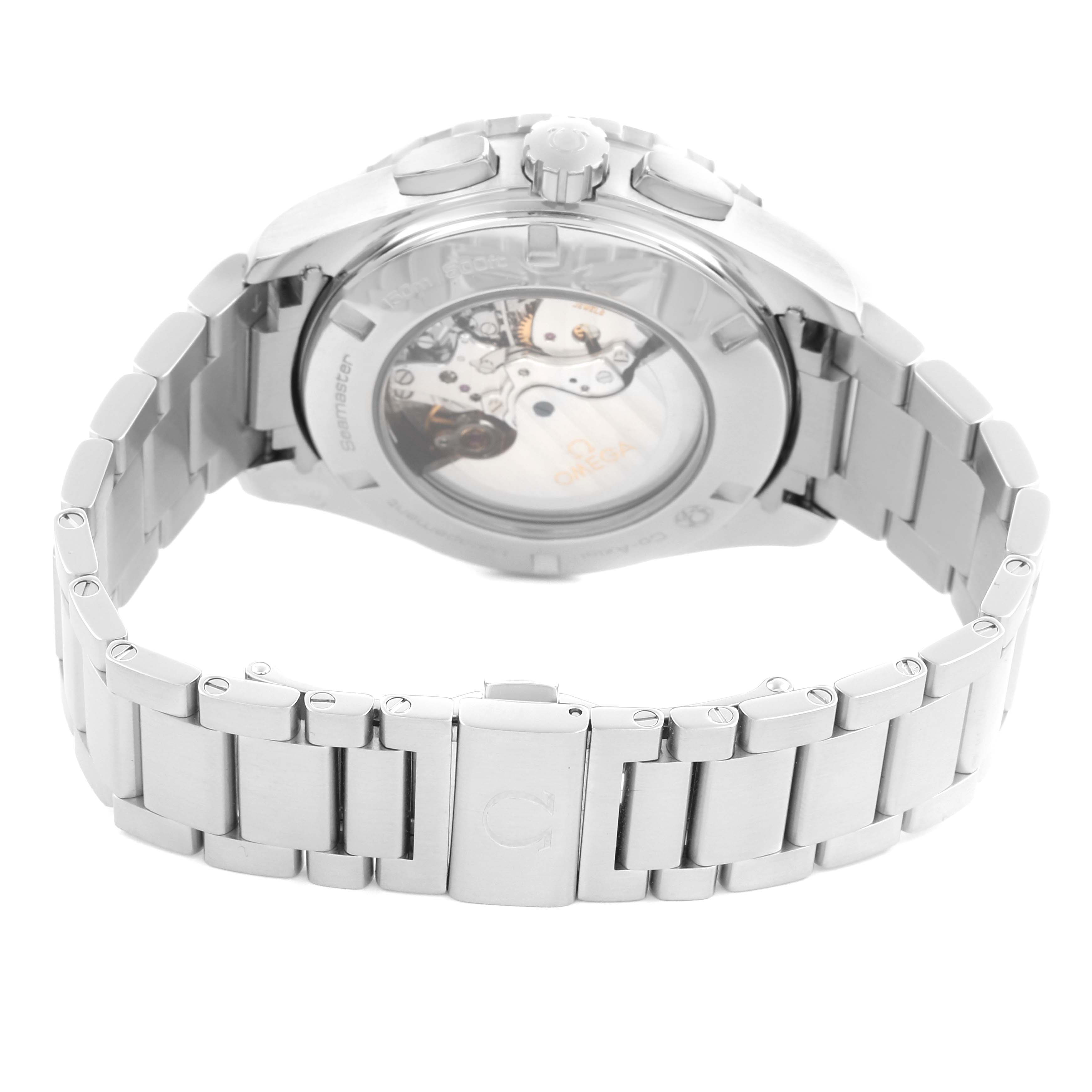 The Omega Seamaster 231.10.44.52.04.001 Men
s Stainless Steel White Dial 231.10.44.52.04.001 Men
s Stainless Steel White Dial watch is shown from the back, highlighting the case back and stainless steel bracelet.