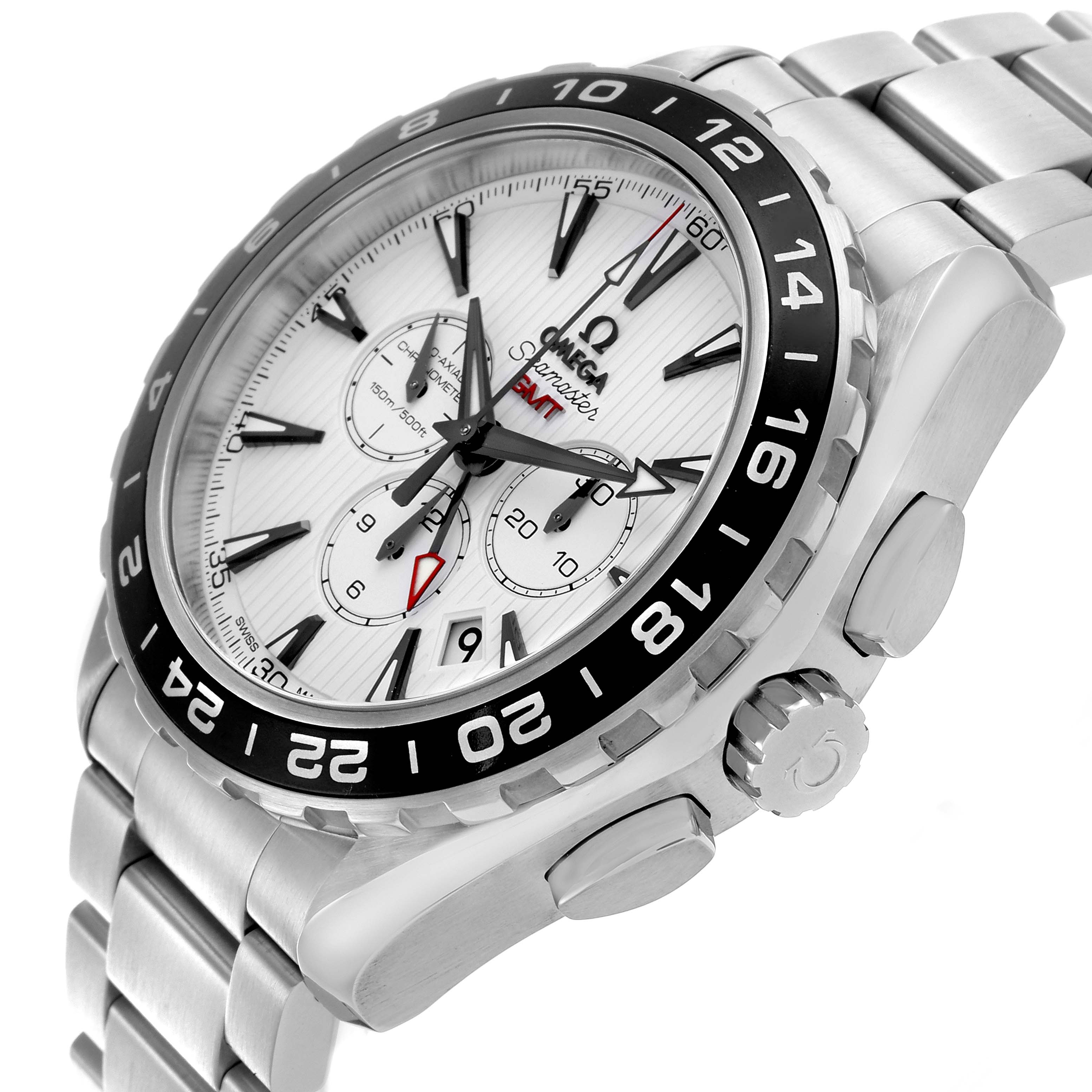 The Omega Seamaster 231.10.44.52.04.001 Men
s Stainless Steel White Dial 231.10.44.52.04.001 Men
s Stainless Steel White Dial watch is shown at a tilted angle, highlighting the dial, bezel, crown, and bracelet.