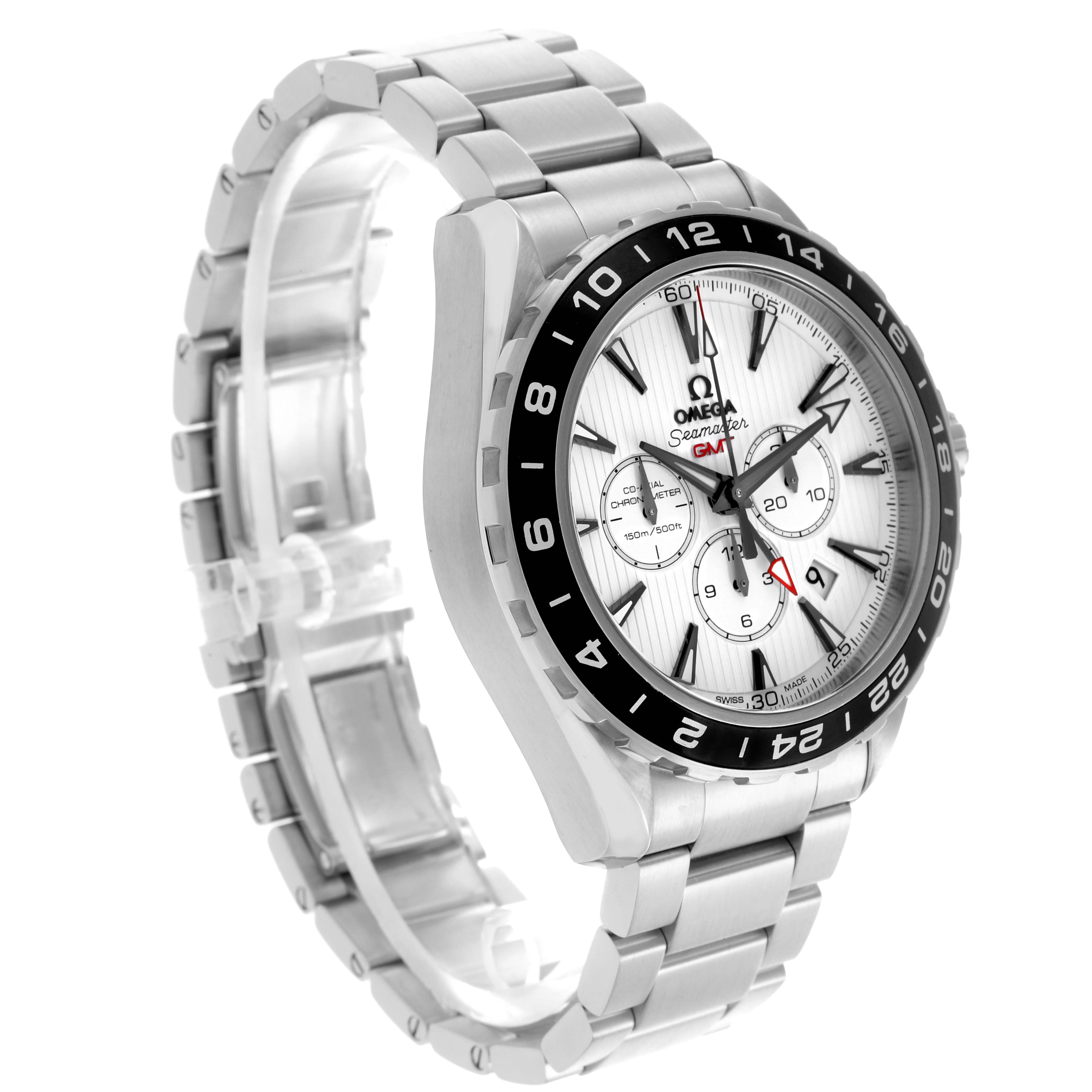 The Omega Seamaster 231.10.44.52.04.001 Men
s Stainless Steel White Dial 231.10.44.52.04.001 Men
s Stainless Steel White Dial watch is shown at an angle displaying the front face, bezel, and metal bracelet.