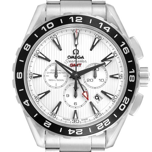 The image shows a front view of the Omega Seamaster watch, highlighting the dial, bezel, and subdials.