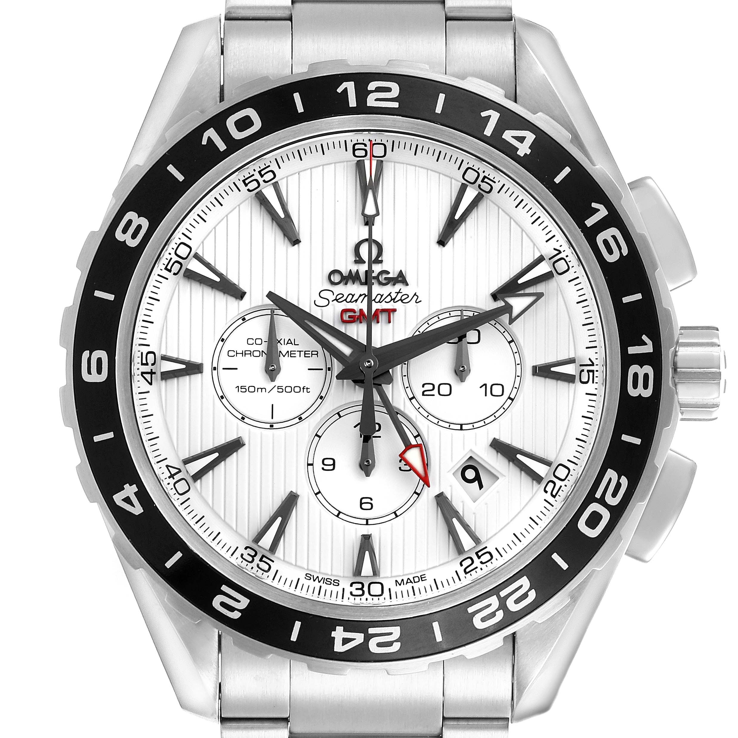 The image shows a front view of the Omega Seamaster 231.10.44.52.04.001 Men
s Stainless Steel White Dial 231.10.44.52.04.001 Men
s Stainless Steel White Dial GMT, displaying the face, bezel, hands, and part of the bracelet.