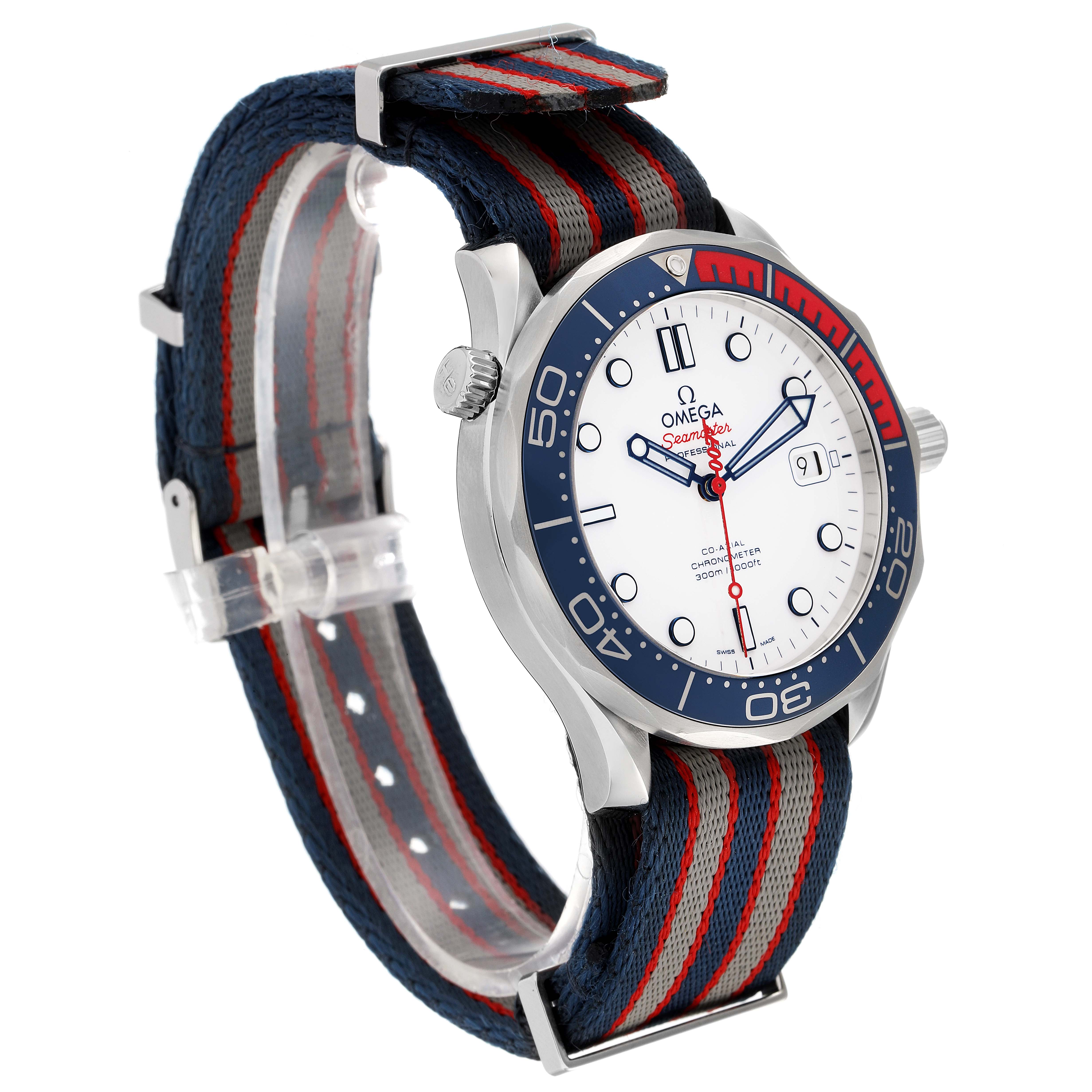 The image shows an Omega Seamaster 212.32.41.20.04.001 Men's Stainless Steel White Dial 212.32.41.20.04.001 Men's Stainless Steel White Dial watch from an oblique angle, highlighting the bezel, dial, and NATO strap.