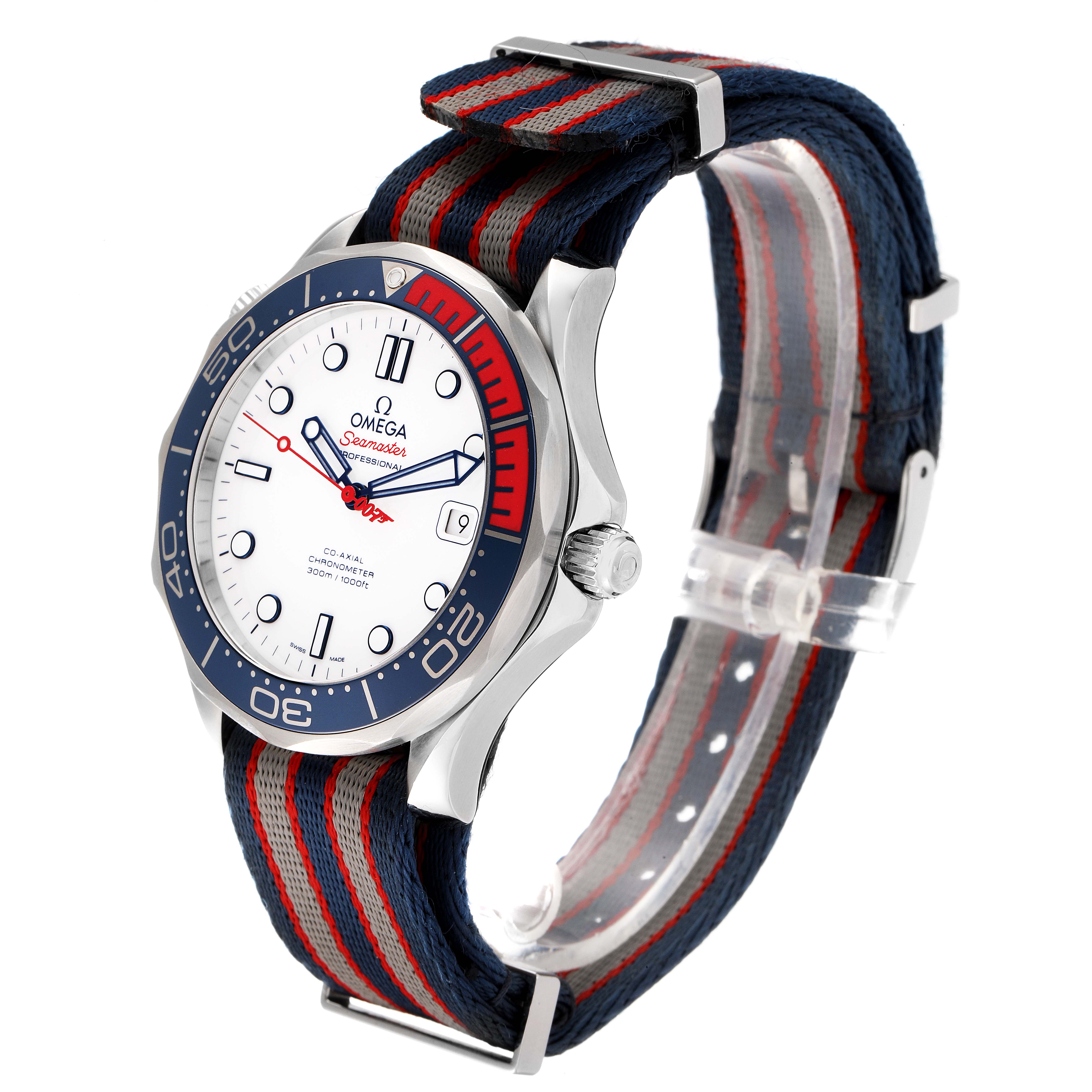 The Omega Seamaster 212.32.41.20.04.001 Men's Stainless Steel White Dial 212.32.41.20.04.001 Men's Stainless Steel White Dial watch is shown at a three-quarter angle, displaying the face, bezel, crown, and NATO strap.