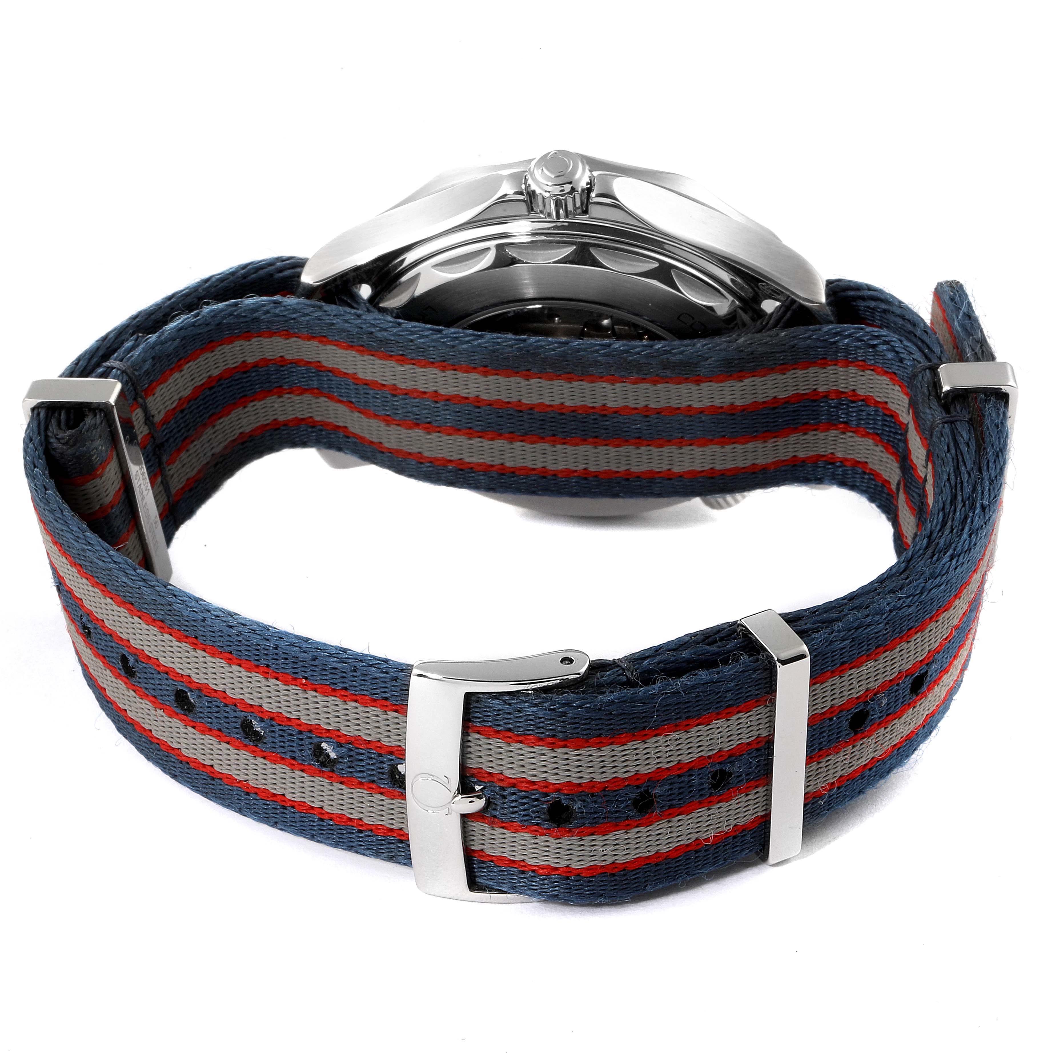 The image shows the side and back of the Omega Seamaster 212.32.41.20.04.001 Men's Stainless Steel White Dial 212.32.41.20.04.001 Men's Stainless Steel White Dial watch with a striped NATO strap.