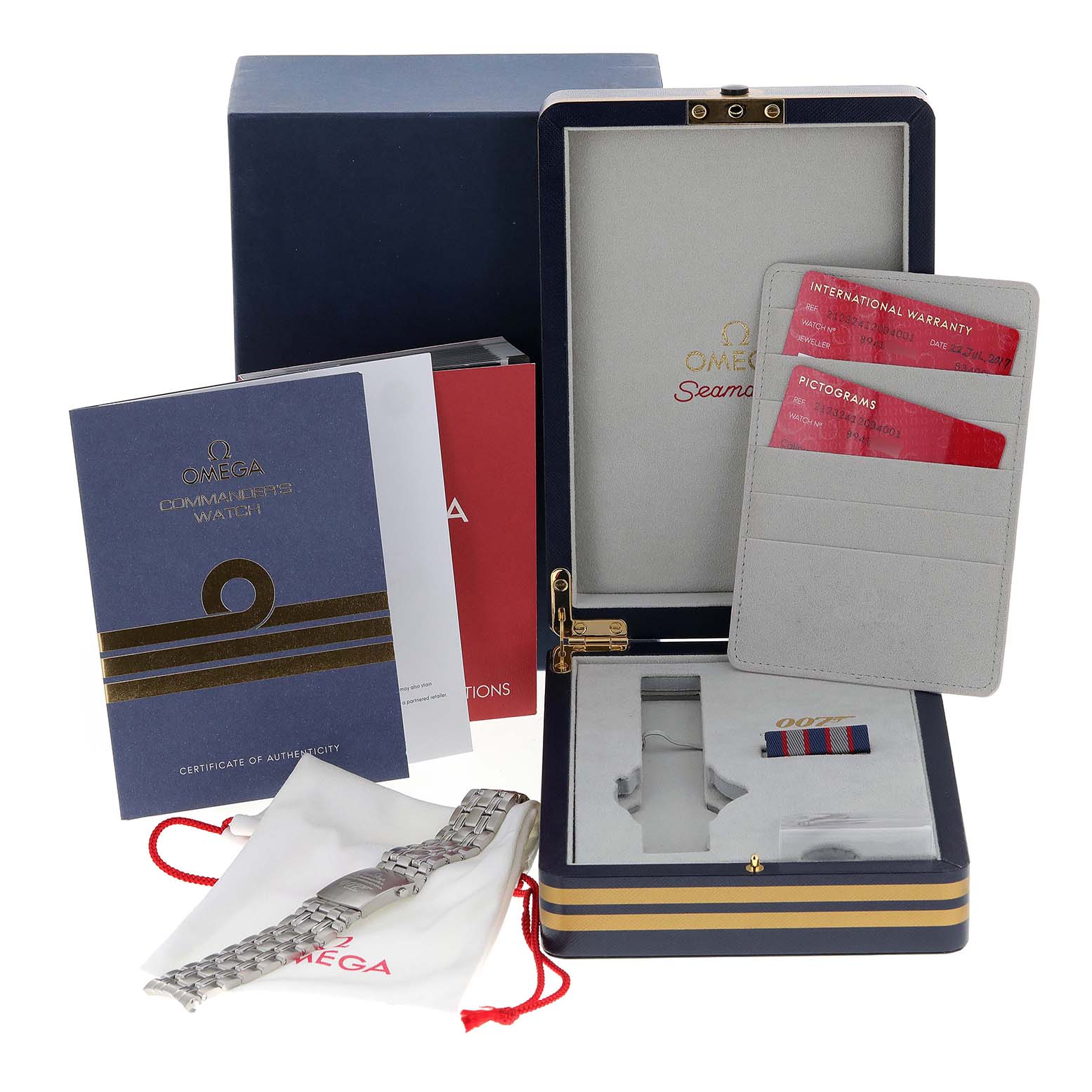 The image shows an open Omega Seamaster 212.32.41.20.04.001 Men's Stainless Steel White Dial 212.32.41.20.04.001 Men's Stainless Steel White Dial watch box with manuals, warranty cards, an extra strap, and a metal bracelet.