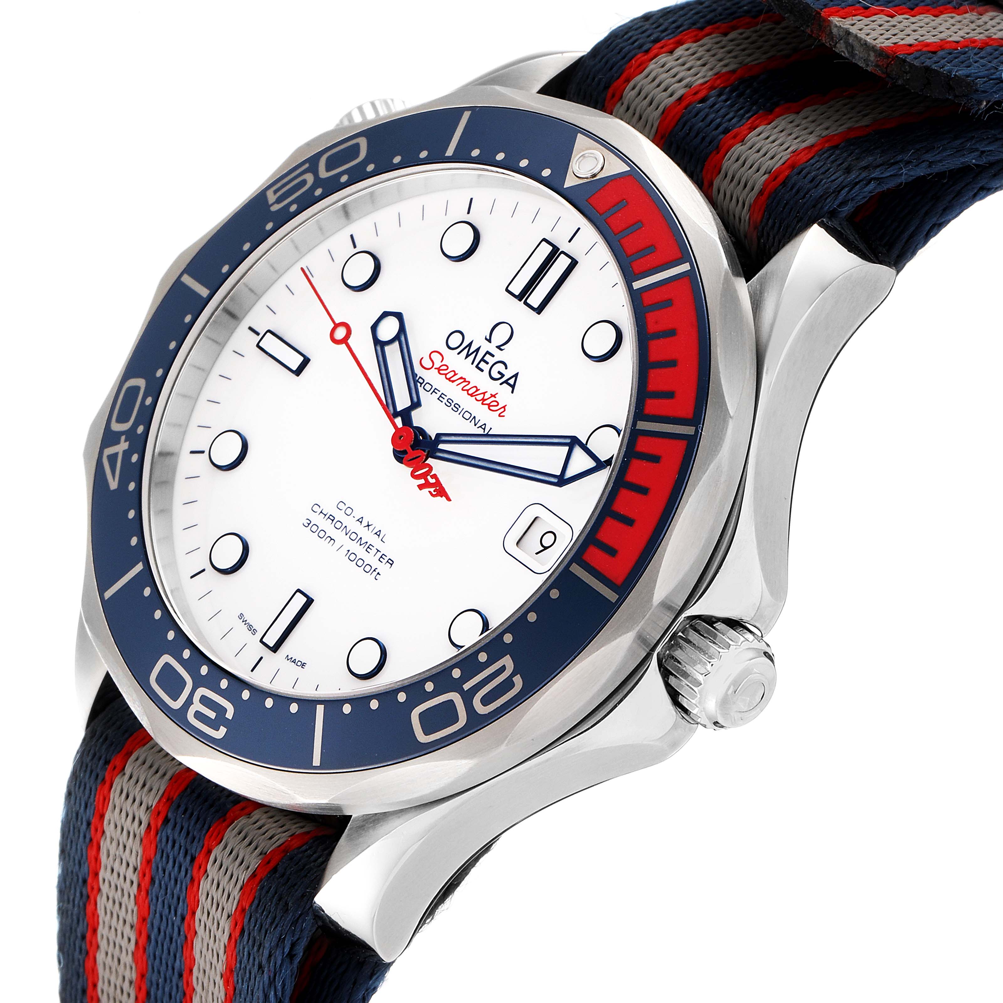 The image shows a close-up angle of an Omega Seamaster 212.32.41.20.04.001 Men's Stainless Steel White Dial 212.32.41.20.04.001 Men's Stainless Steel White Dial watch featuring its face, bezel, crown, and striped NATO strap.