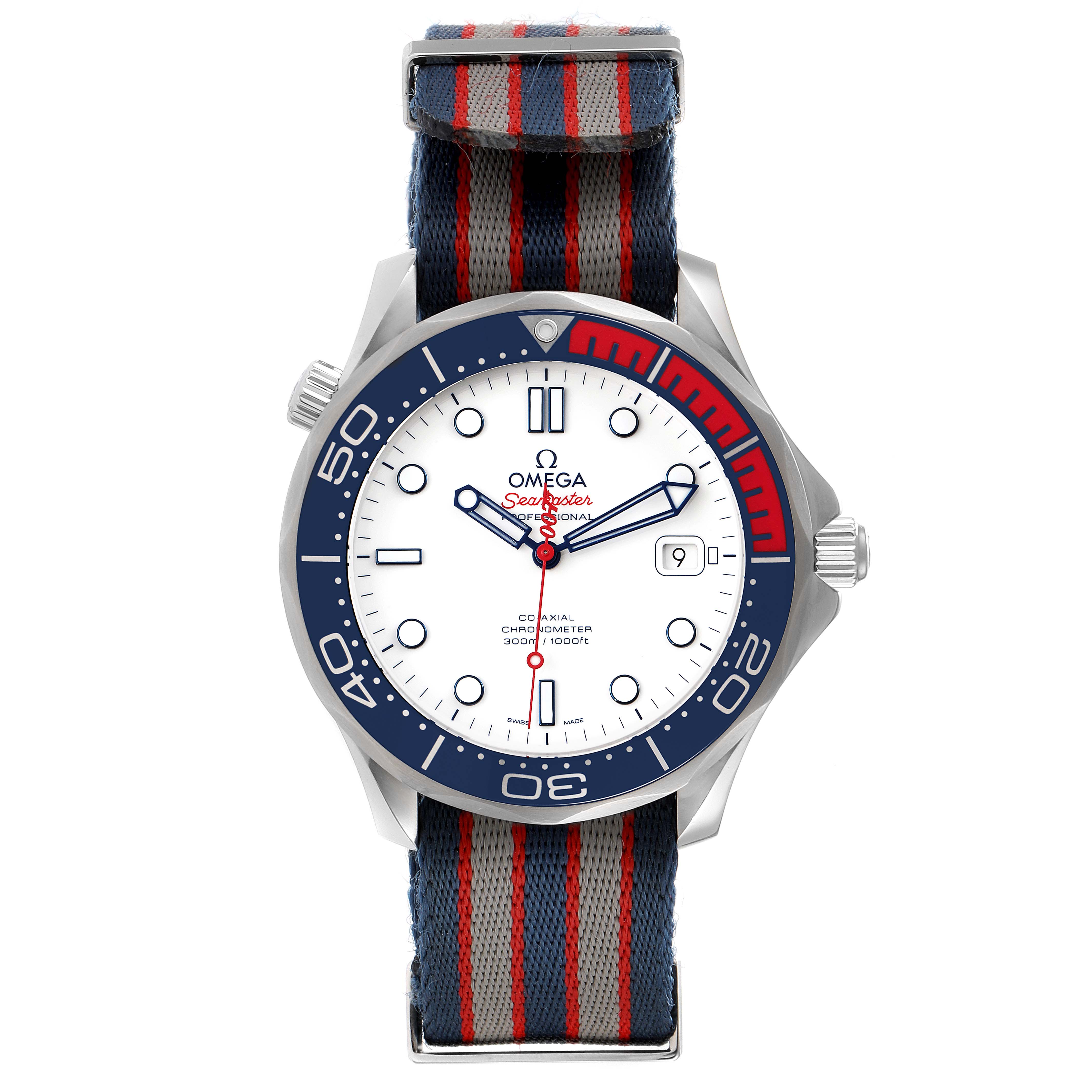 The image shows a front view of an Omega Seamaster 212.32.41.20.04.001 Men's Stainless Steel White Dial 212.32.41.20.04.001 Men's Stainless Steel White Dial watch with a striped fabric NATO strap.