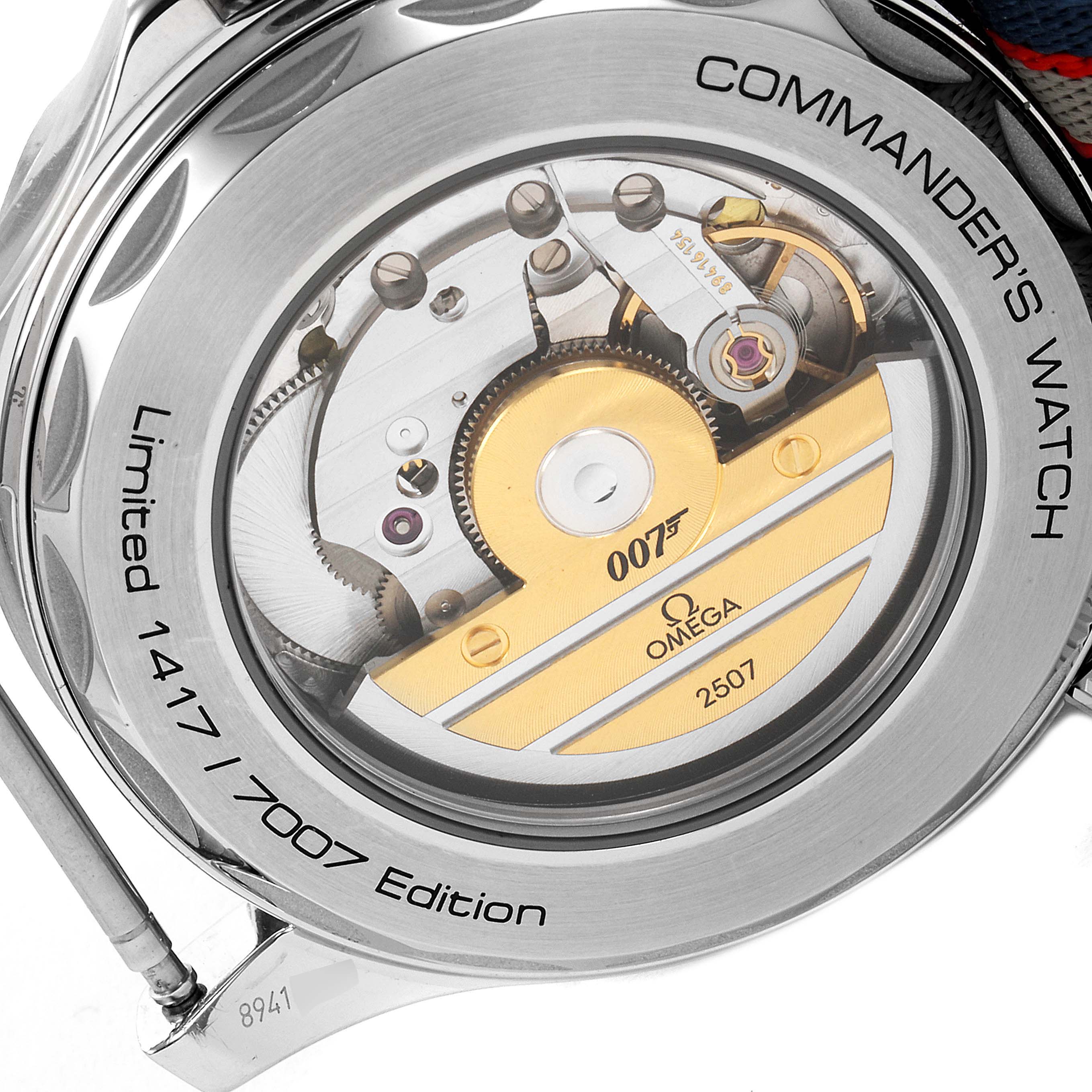 The image shows the case back of an Omega Seamaster 212.32.41.20.04.001 Men's Stainless Steel White Dial 212.32.41.20.04.001 Men's Stainless Steel White Dial Commander's Watch, highlighting the limited edition number and internal mechanism.