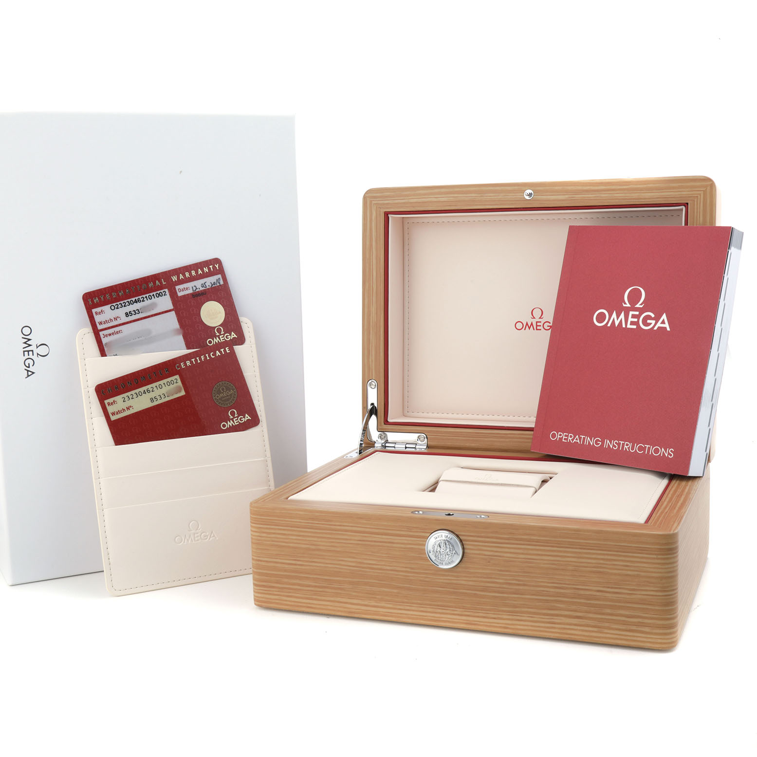 The image shows an Omega Seamaster 232.30.46.21.01.002 Men's Stainless Steel Black Dial watch box, operating instructions, and warranty cards at a slightly elevated angle.