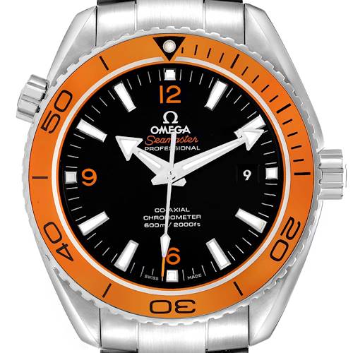 The Omega Seamaster 232.30.46.21.01.002 Men's Stainless Steel Black Dial is shown from the front, highlighting the orange bezel, black dial, and stainless steel case.