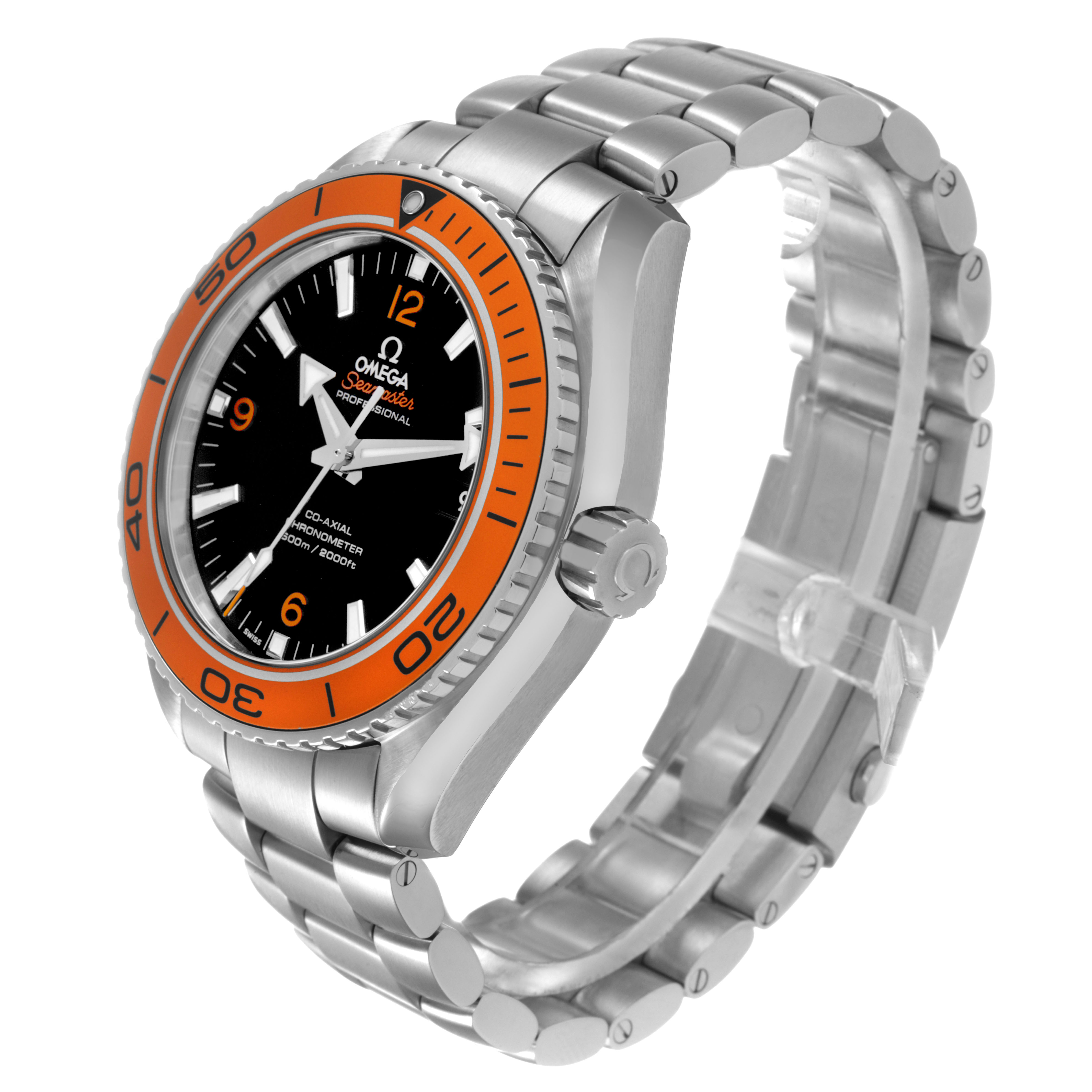 The Omega Seamaster 232.30.46.21.01.002 Men's Stainless Steel Black Dial watch is shown at a three-quarter angle highlighting its orange bezel and stainless steel bracelet.