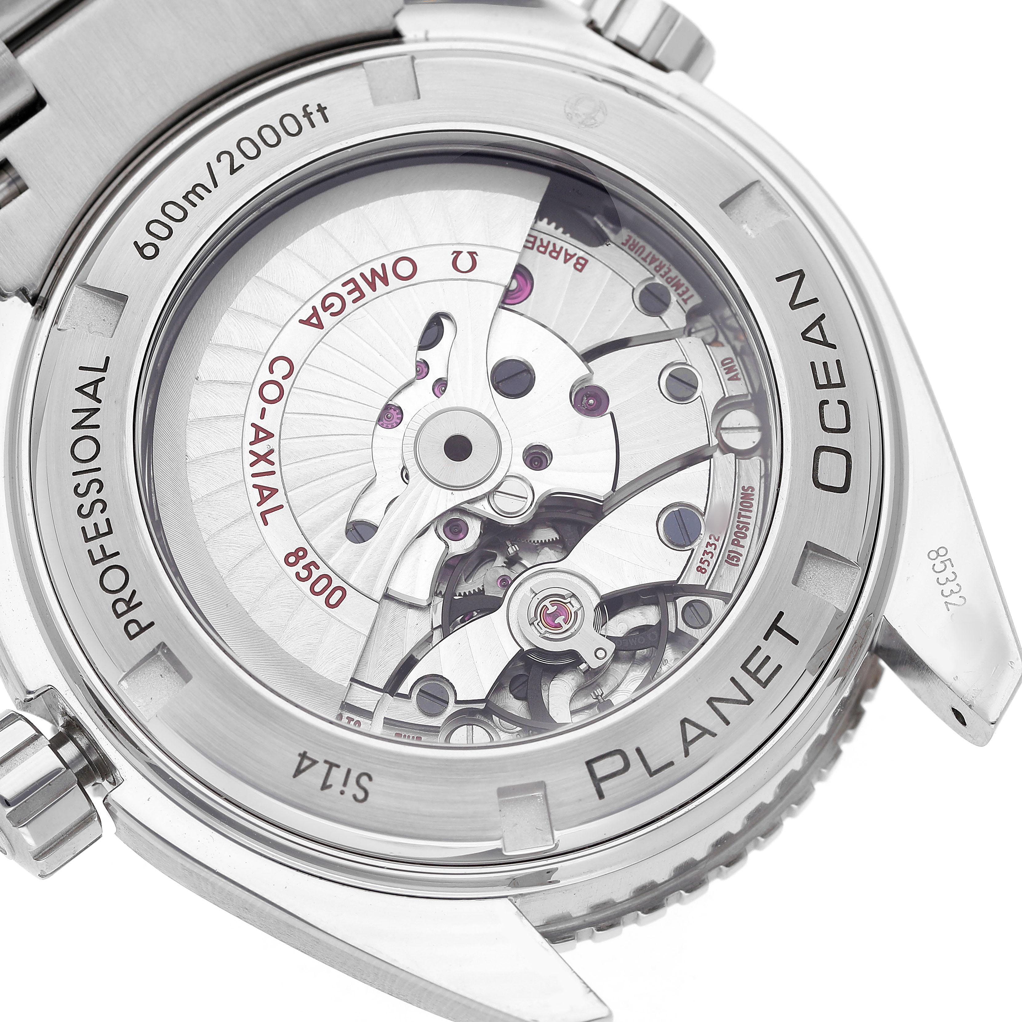 The image shows the case back of the Omega Seamaster 232.30.46.21.01.002 Men's Stainless Steel Black Dial Planet Ocean, revealing the Co-Axial 8500 movement.