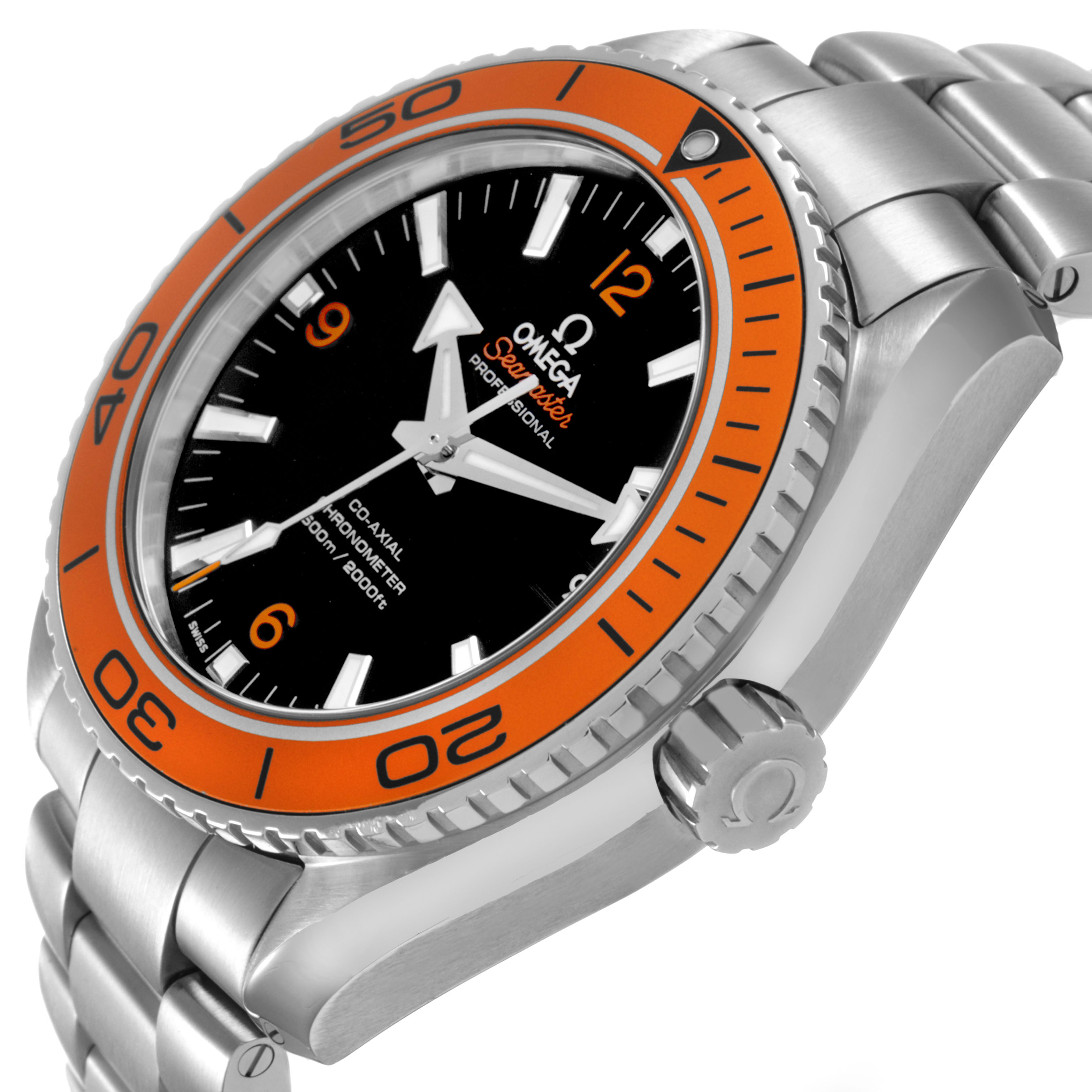 The Omega Seamaster 232.30.46.21.01.002 Men's Stainless Steel Black Dial watch is shown from an angled side view, highlighting the orange bezel, crown, and bracelet.