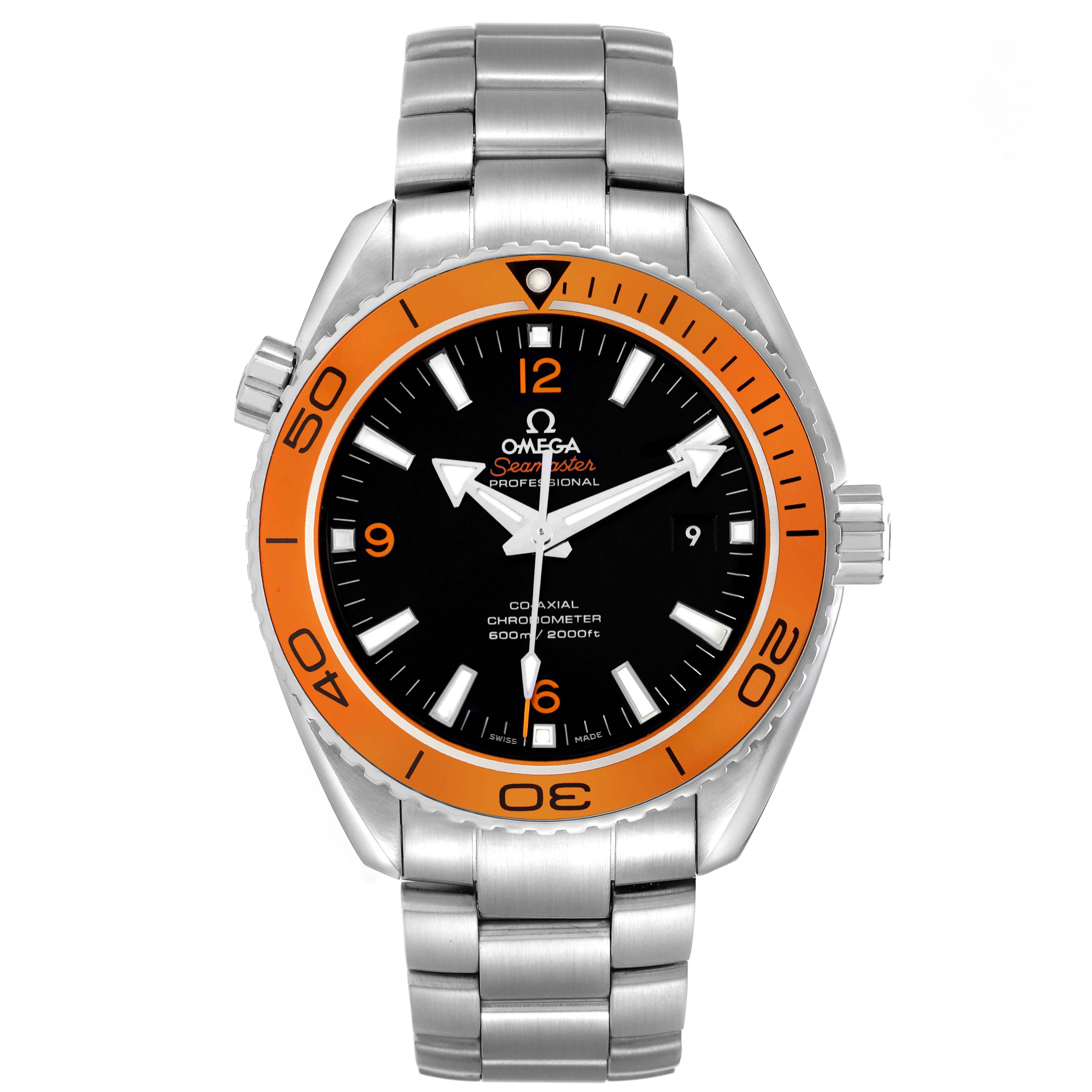 The Omega Seamaster 232.30.46.21.01.002 Men's Stainless Steel Black Dial watch is shown from a front view, displaying its orange bezel, black dial, and metal bracelet.