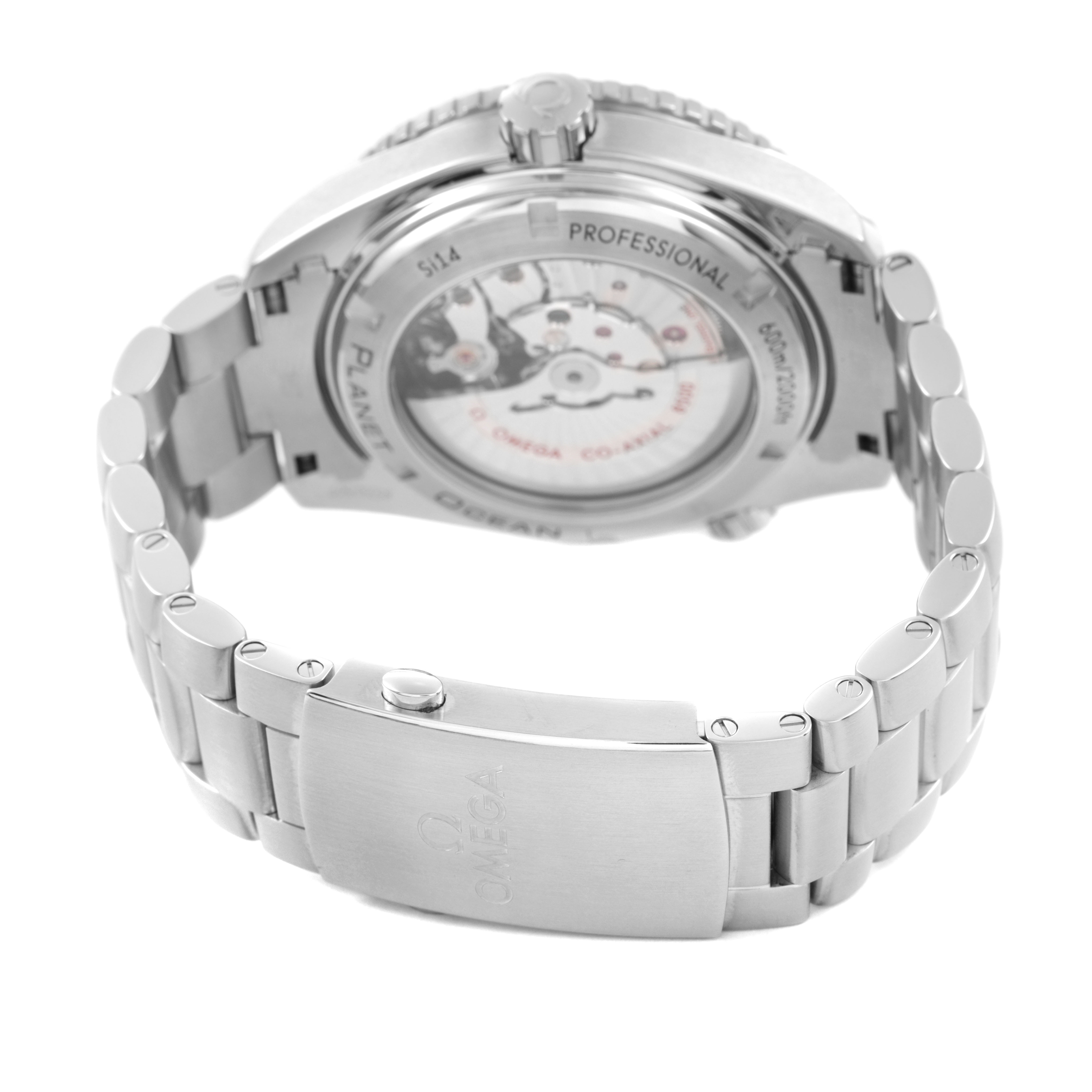 The Omega Seamaster 232.30.46.21.01.002 Men's Stainless Steel Black Dial watch is shown from behind, highlighting the case back, bracelet, and clasp.