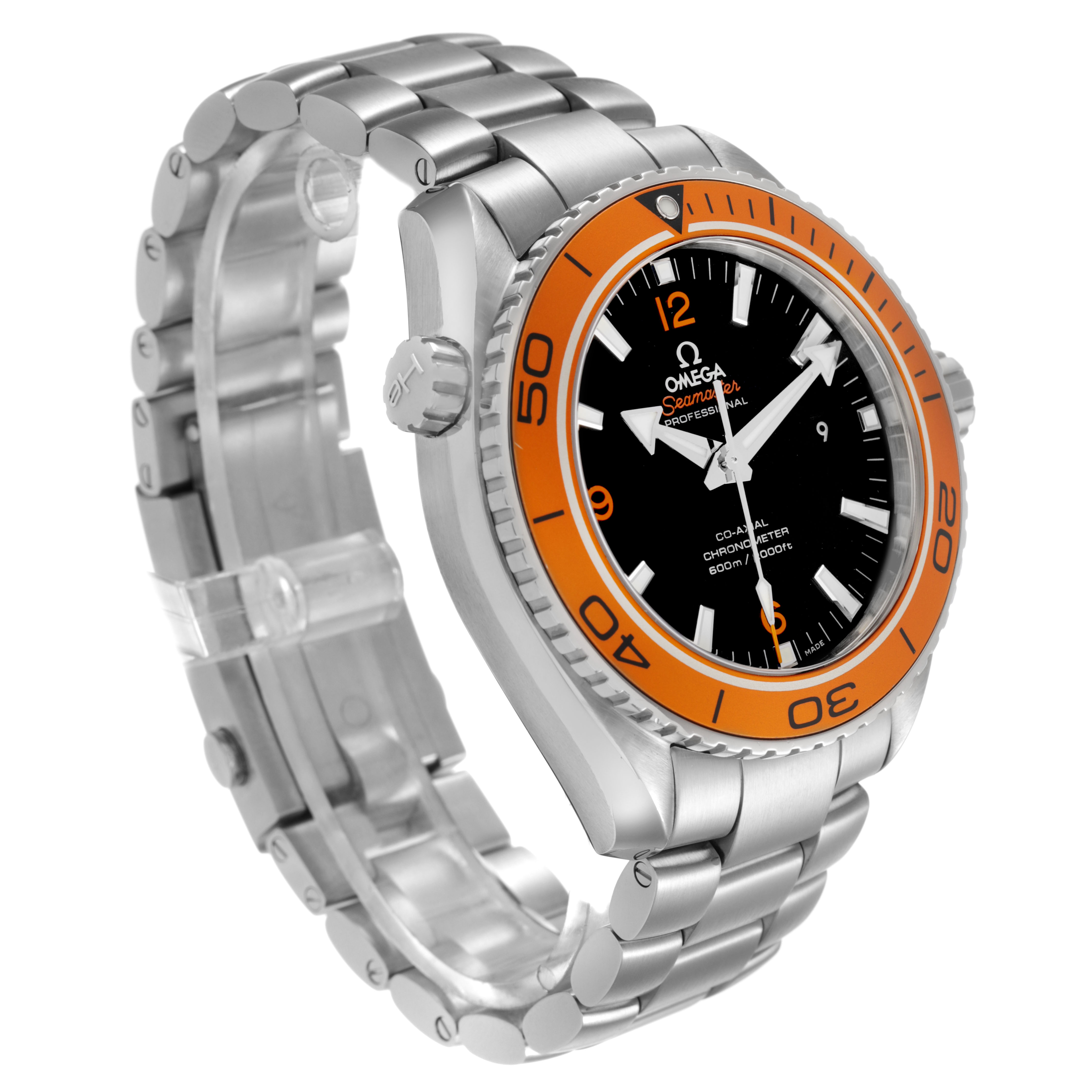 The Omega Seamaster 232.30.46.21.01.002 Men's Stainless Steel Black Dial watch is shown at an angle highlighting its orange bezel, black dial, and stainless steel bracelet.