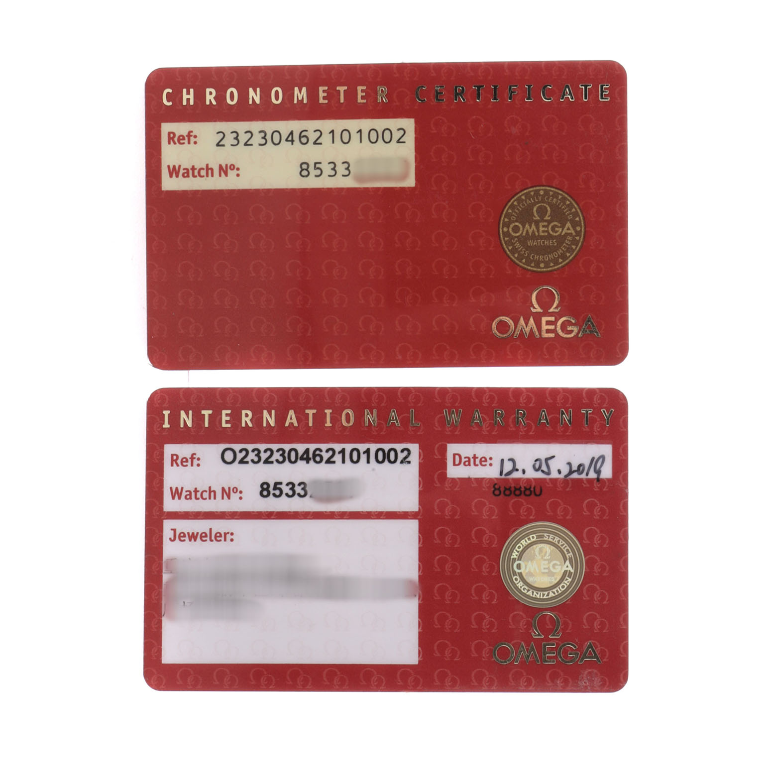 The image shows the chronometer certificate and international warranty cards for an Omega Seamaster 232.30.46.21.01.002 Men's Stainless Steel Black Dial model.