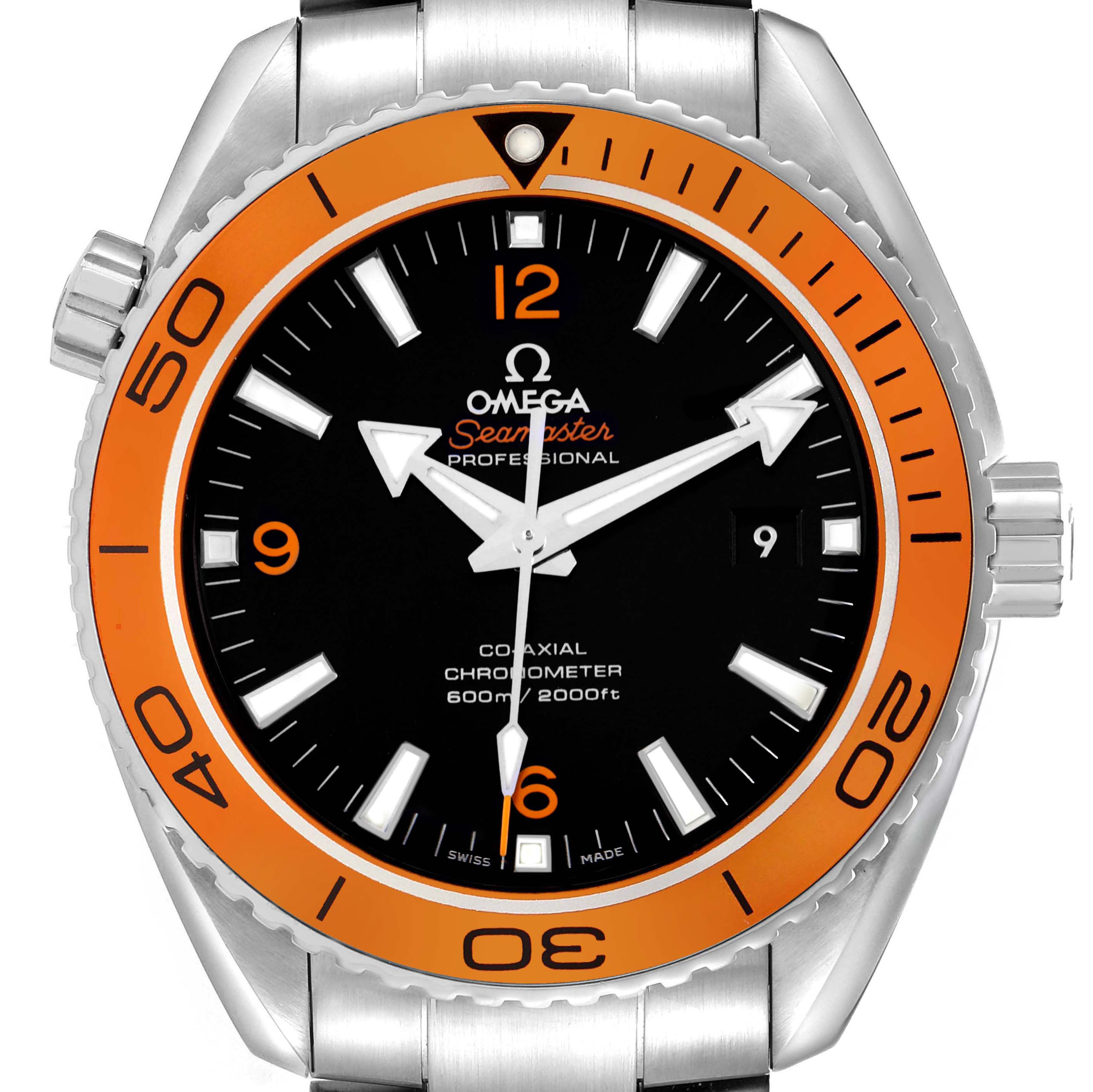The Omega Seamaster 232.30.46.21.01.002 Men's Stainless Steel Black Dial watch is shown from the front, highlighting the orange bezel, black dial, and markers.