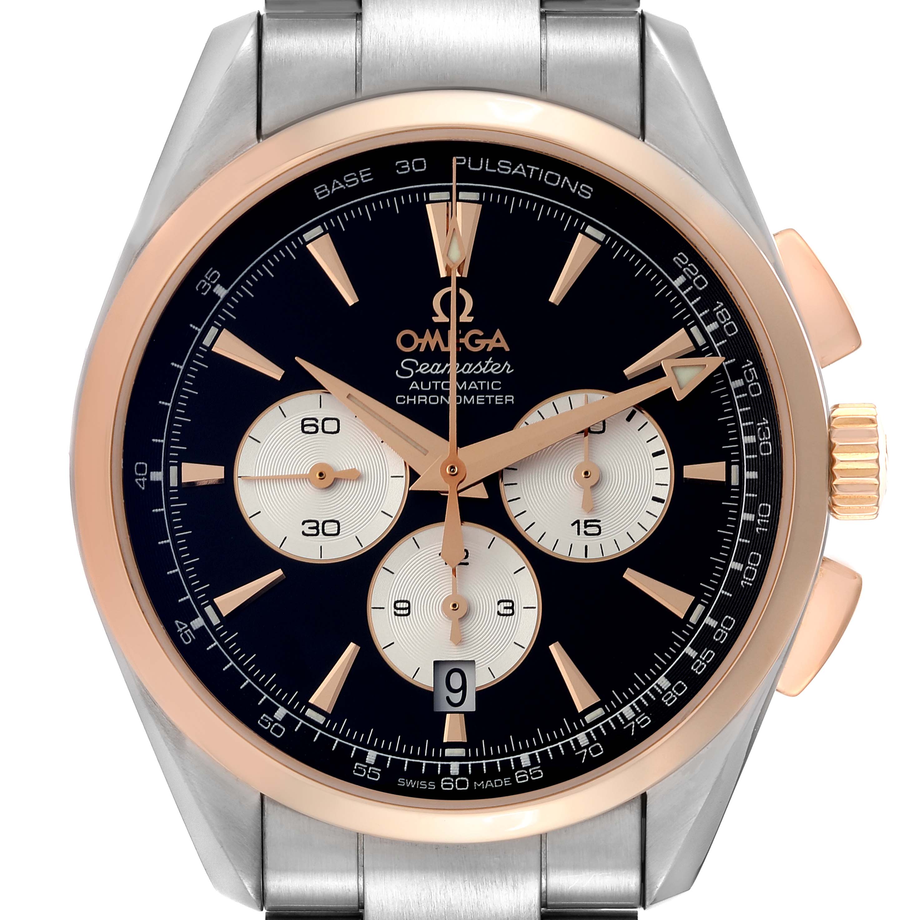 Close-up of the Omega Aqua Terra 221.20.42.40.01.002 Men's Rose Gold Black Dial 221.20.42.40.01.002 Men's Rose Gold Black Dial watch face, showcasing its dial, hands, subdials, and crown.