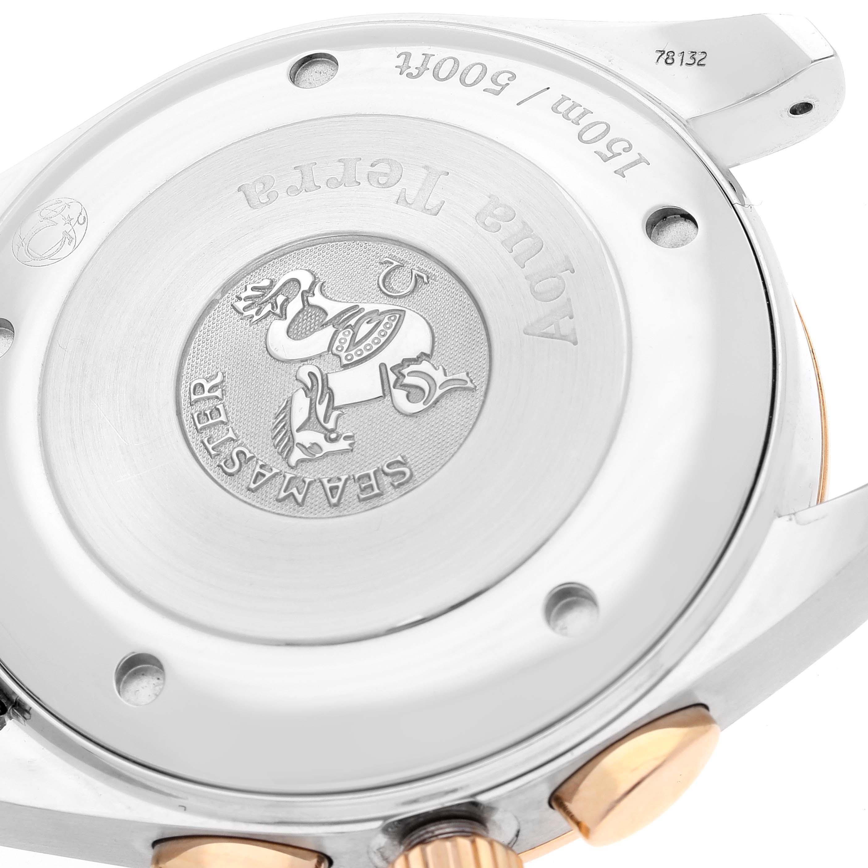 This image shows the case back of the Omega Aqua Terra 221.20.42.40.01.002 Men's Rose Gold Black Dial 221.20.42.40.01.002 Men's Rose Gold Black Dial watch, featuring the Seamaster logo and water resistance information.