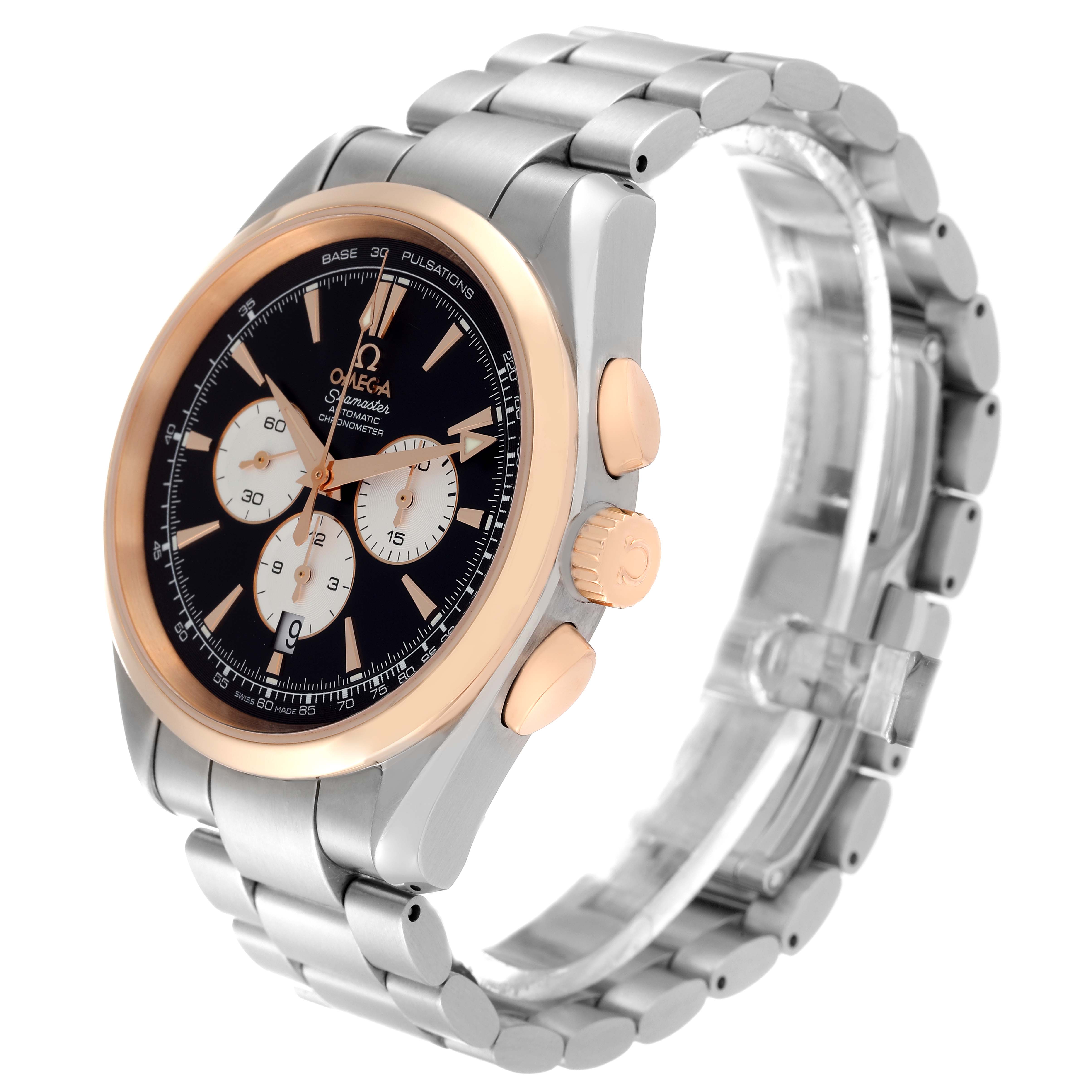 The Omega Aqua Terra 221.20.42.40.01.002 Men's Rose Gold Black Dial 221.20.42.40.01.002 Men's Rose Gold Black Dial watch is shown at an oblique angle, showcasing the face, bezel, crown, and bracelet.