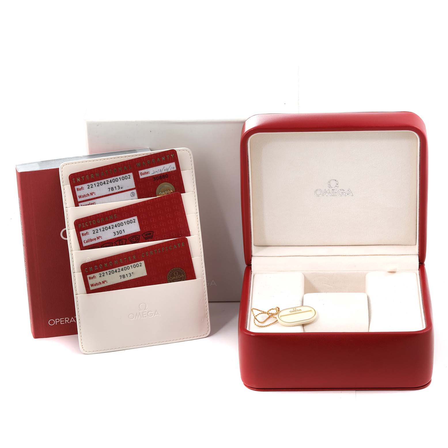 The image shows an opened Omega Aqua Terra 221.20.42.40.01.002 Men's Rose Gold Black Dial 221.20.42.40.01.002 Men's Rose Gold Black Dial watch box with warranty cards and a certificate booklet displayed.