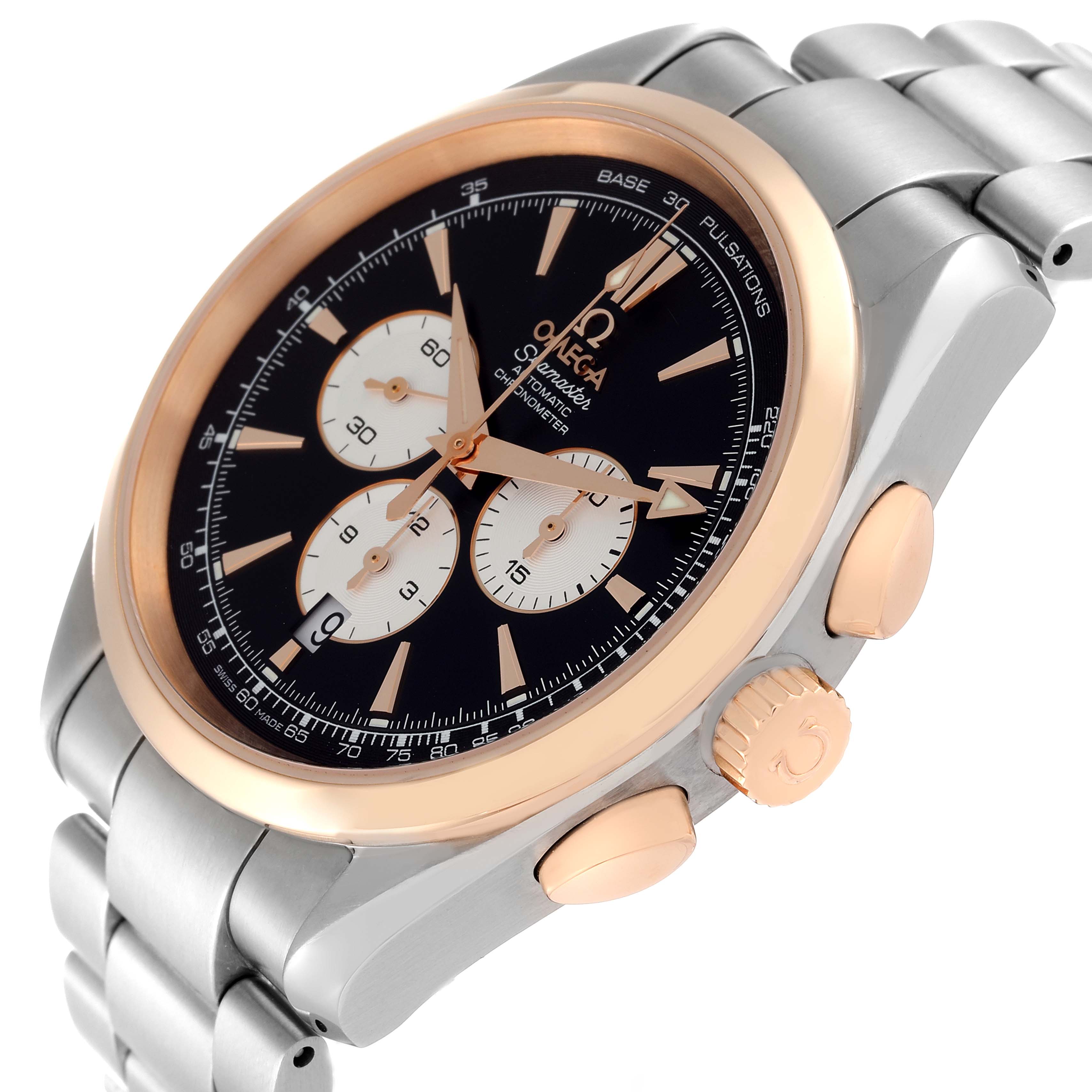 The Omega Aqua Terra 221.20.42.40.01.002 Men's Rose Gold Black Dial 221.20.42.40.01.002 Men's Rose Gold Black Dial watch is shown at an angled side view, highlighting the dial, bezel, crown, pushers, and metal bracelet.