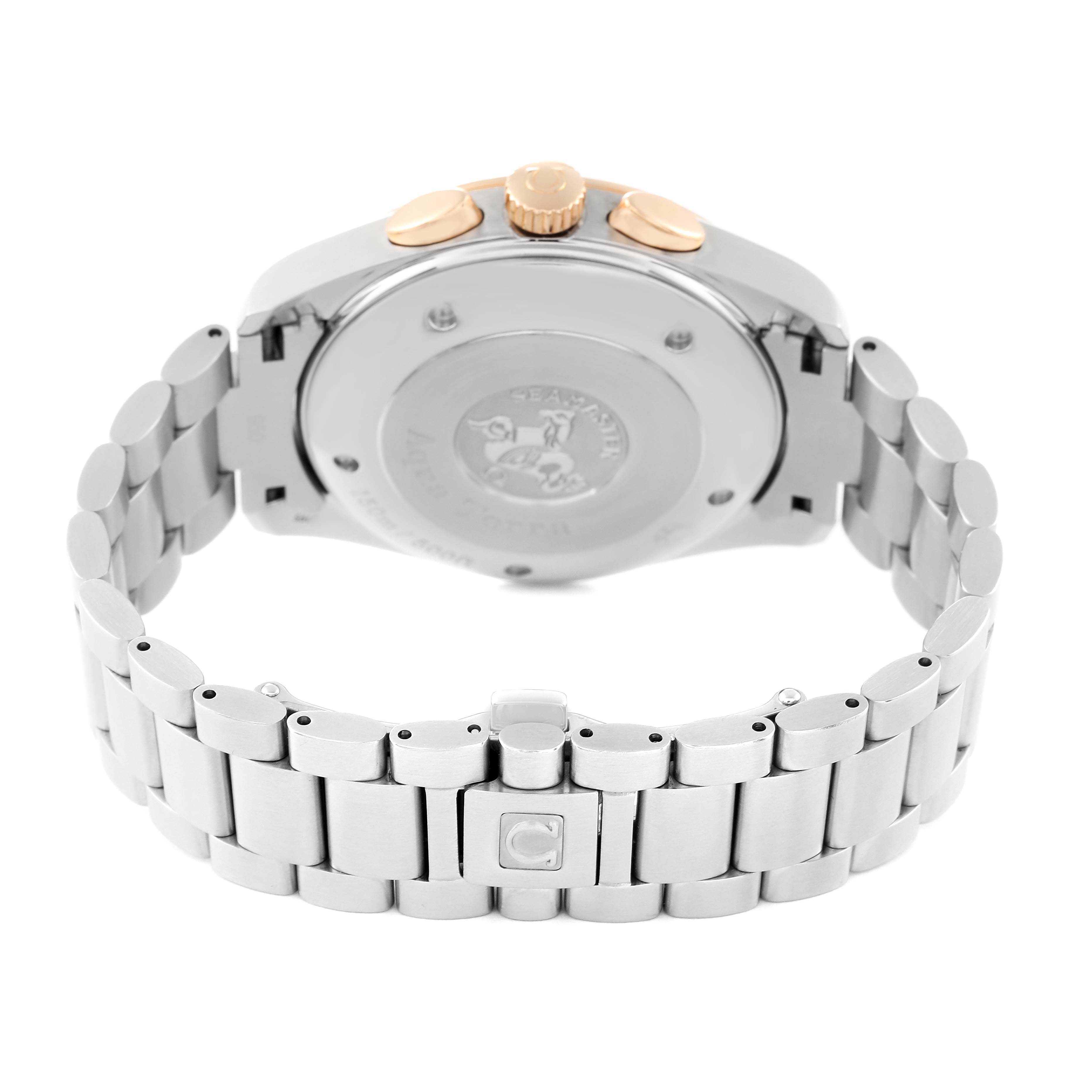 This image shows the back case and bracelet of the Omega Aqua Terra 221.20.42.40.01.002 Men's Rose Gold Black Dial 221.20.42.40.01.002 Men's Rose Gold Black Dial watch, highlighting the clasp and crown.