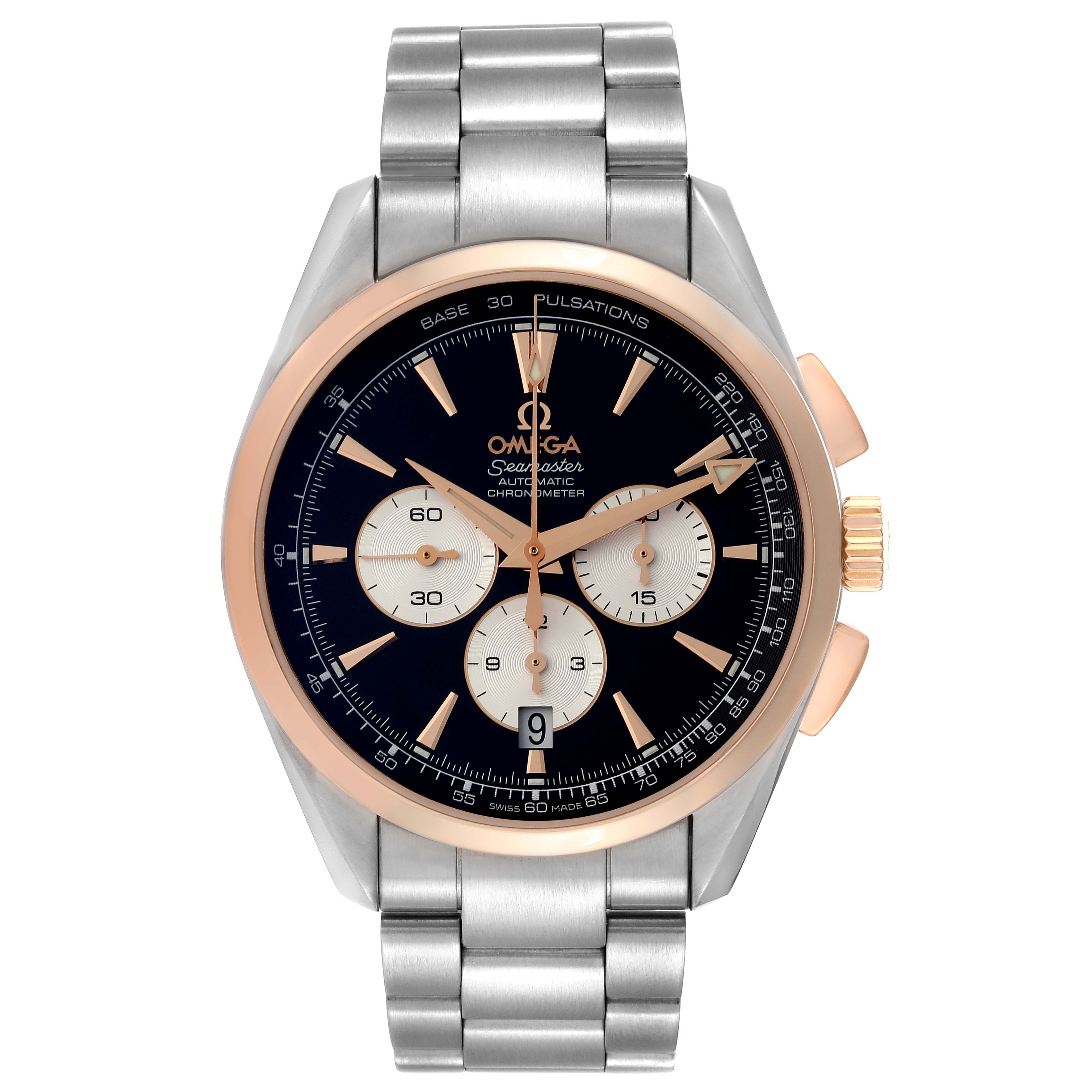 The image shows a front view of an Omega Aqua Terra 221.20.42.40.01.002 Men's Rose Gold Black Dial 221.20.42.40.01.002 Men's Rose Gold Black Dial watch displaying the face, bezel, bracelet, and crown.