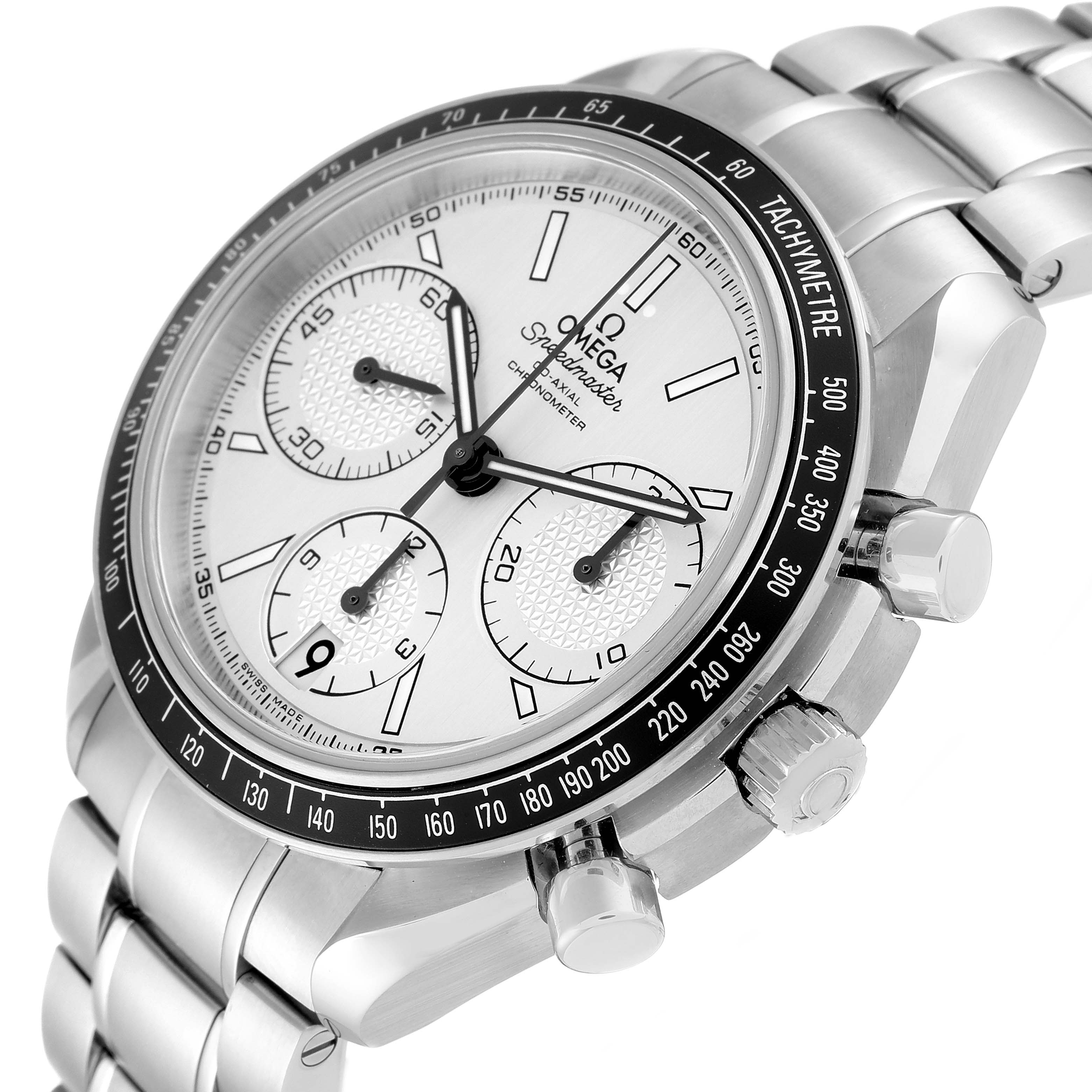 The image shows an Omega Speedmaster 326.30.40.50.02.001 Men
s Stainless Steel Silver Dial 326.30.40.50.02.001 Men
s Stainless Steel Silver Dial watch from an oblique angle, highlighting its dial, subdials, tachymeter bezel, and bracelet.