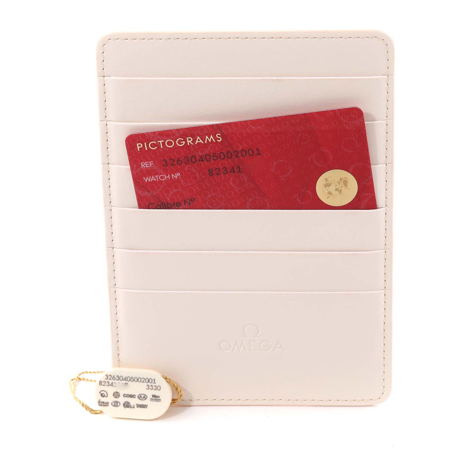 The image shows an Omega Speedmaster 326.30.40.50.02.001 Men
s Stainless Steel Silver Dial 326.30.40.50.02.001 Men
s Stainless Steel Silver Dial watch
s warranty card and tag, placed inside a white cardholder.