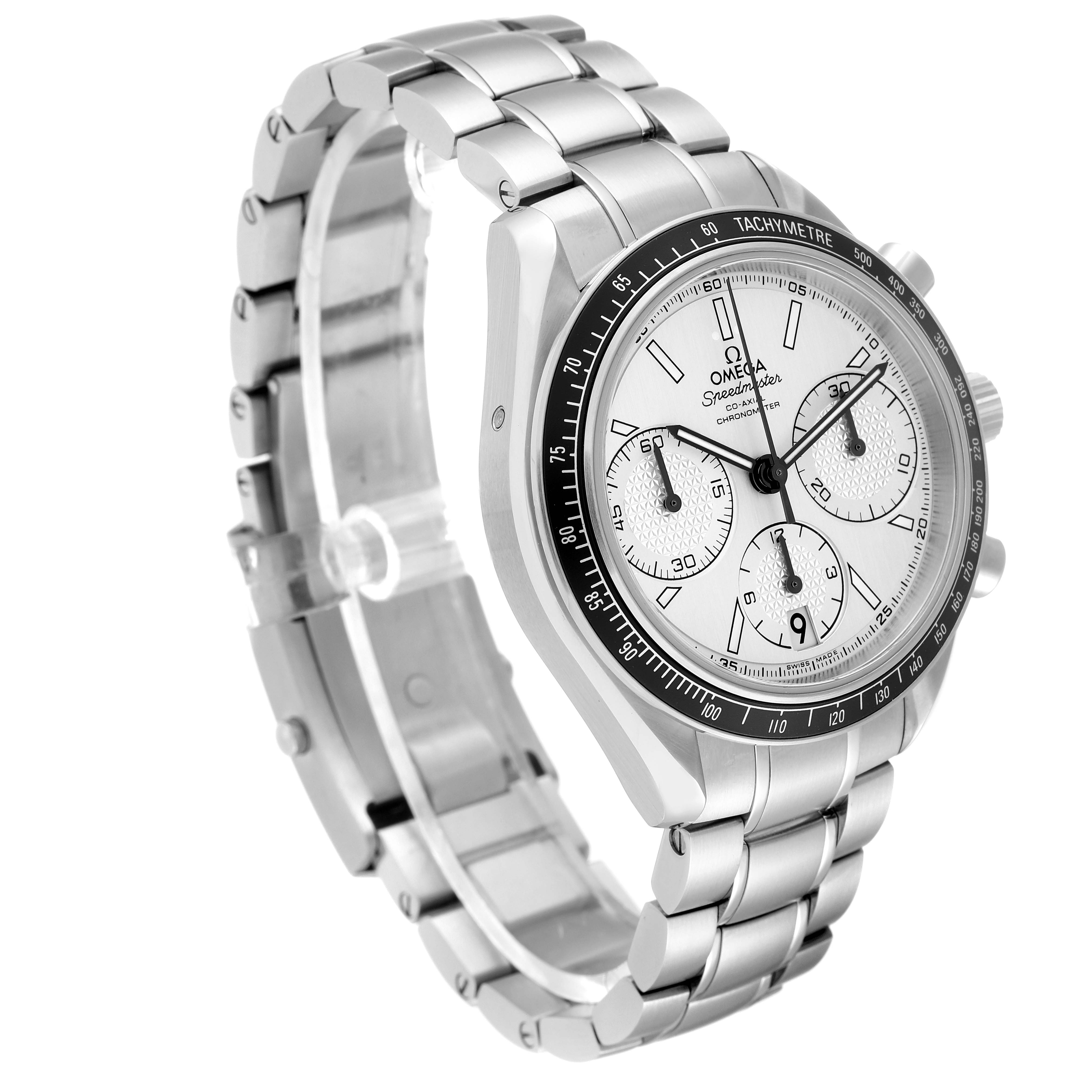 The image shows an Omega Speedmaster 326.30.40.50.02.001 Men
s Stainless Steel Silver Dial 326.30.40.50.02.001 Men
s Stainless Steel Silver Dial watch angled from the front-left, highlighting the face, bezel, and part of the bracelet.