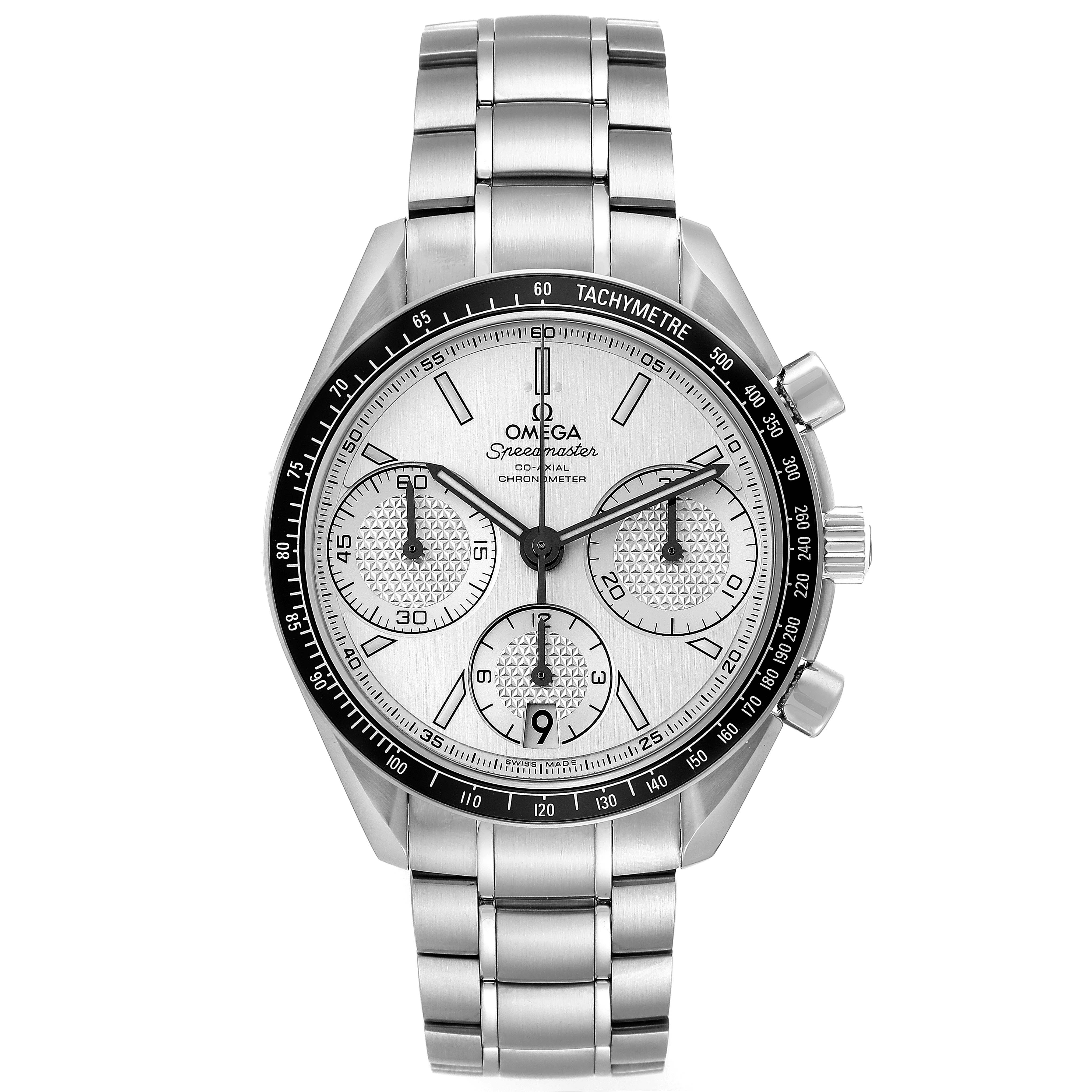The image shows a front view of the Omega Speedmaster 326.30.40.50.02.001 Men
s Stainless Steel Silver Dial 326.30.40.50.02.001 Men
s Stainless Steel Silver Dial watch, detailing its face, bezel, and metal bracelet.