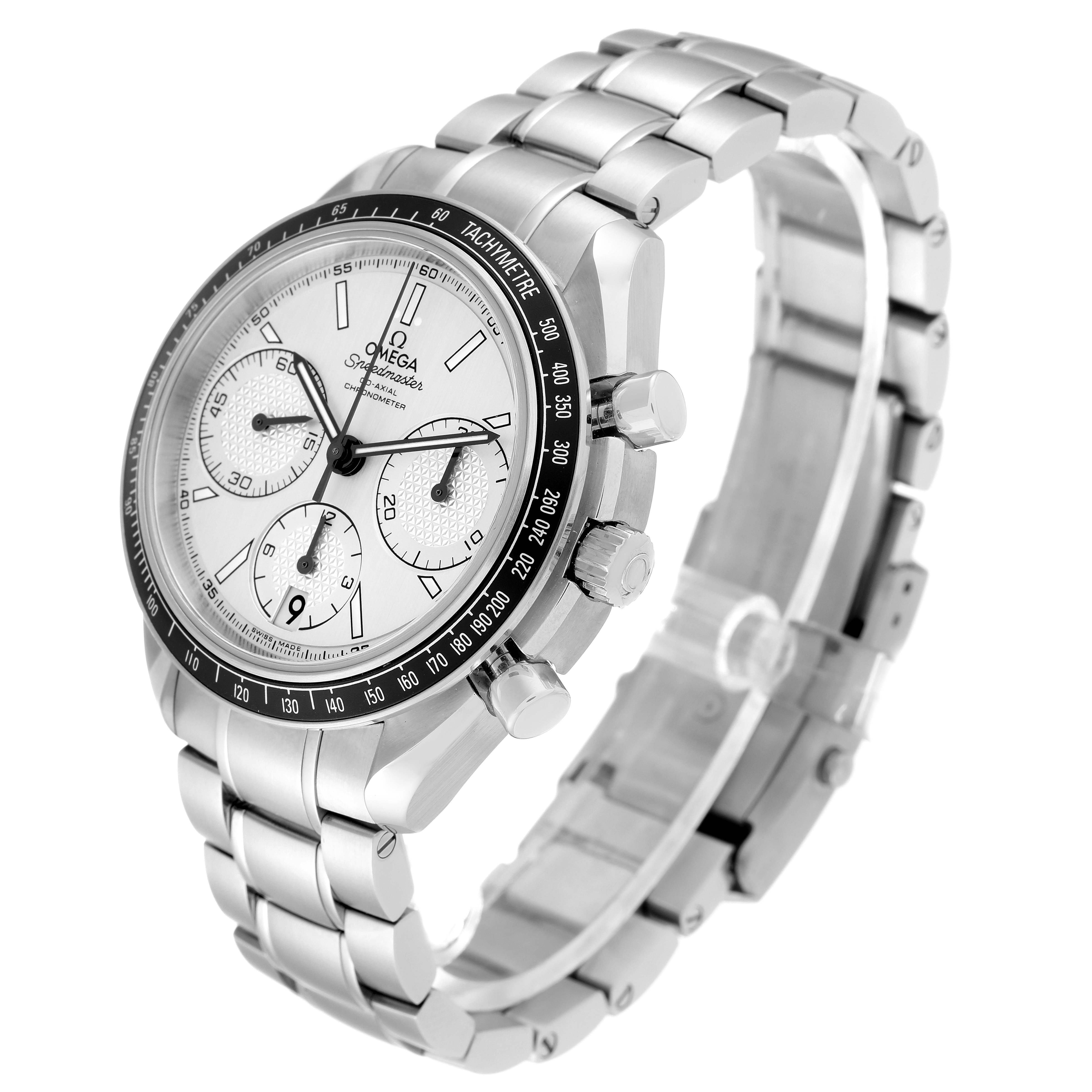 The Omega Speedmaster 326.30.40.50.02.001 Men
s Stainless Steel Silver Dial 326.30.40.50.02.001 Men
s Stainless Steel Silver Dial watch is shown at a three-quarter angle, displaying its face, bezel, pushers, and stainless steel bracelet.