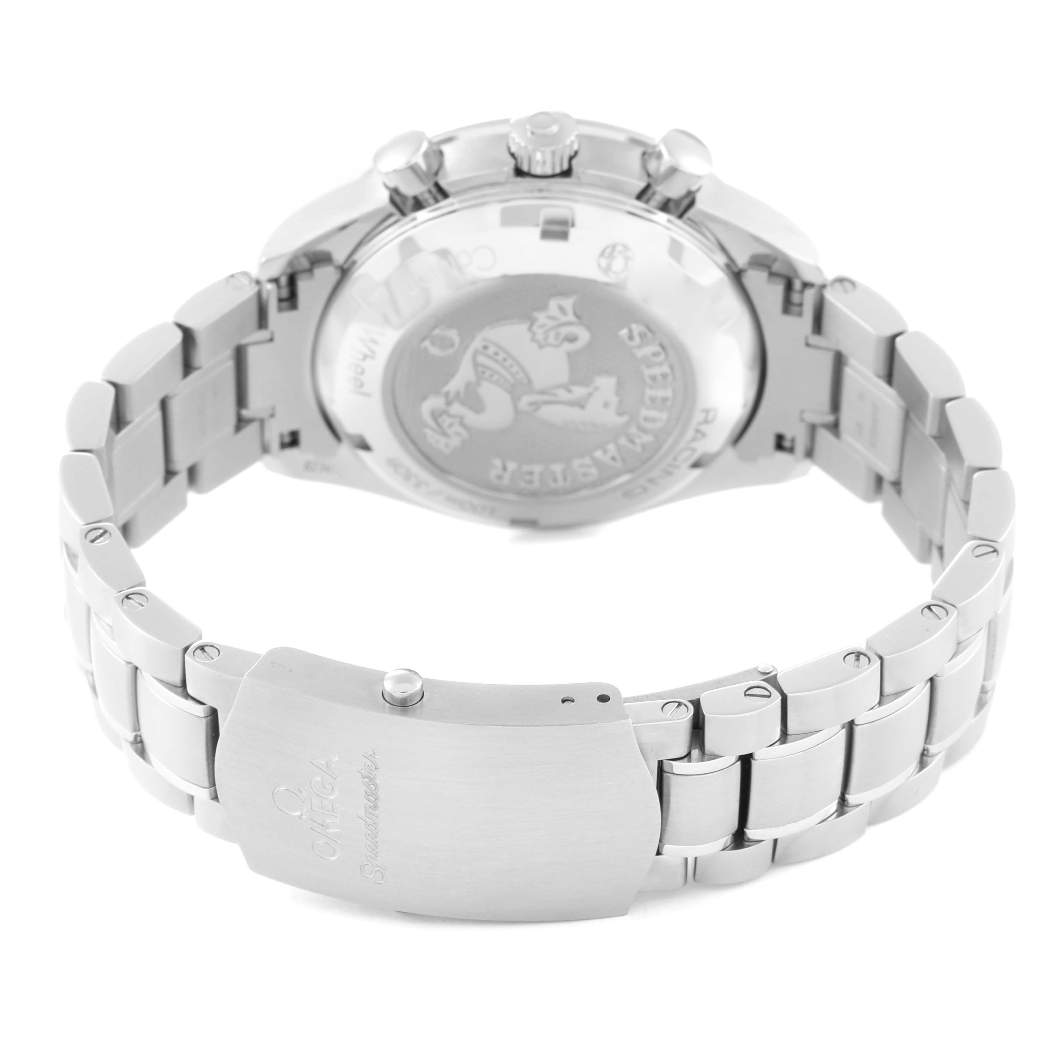 This image shows the back view of the Omega Speedmaster 326.30.40.50.02.001 Men
s Stainless Steel Silver Dial 326.30.40.50.02.001 Men
s Stainless Steel Silver Dial watch, focusing on the clasp and case back.
