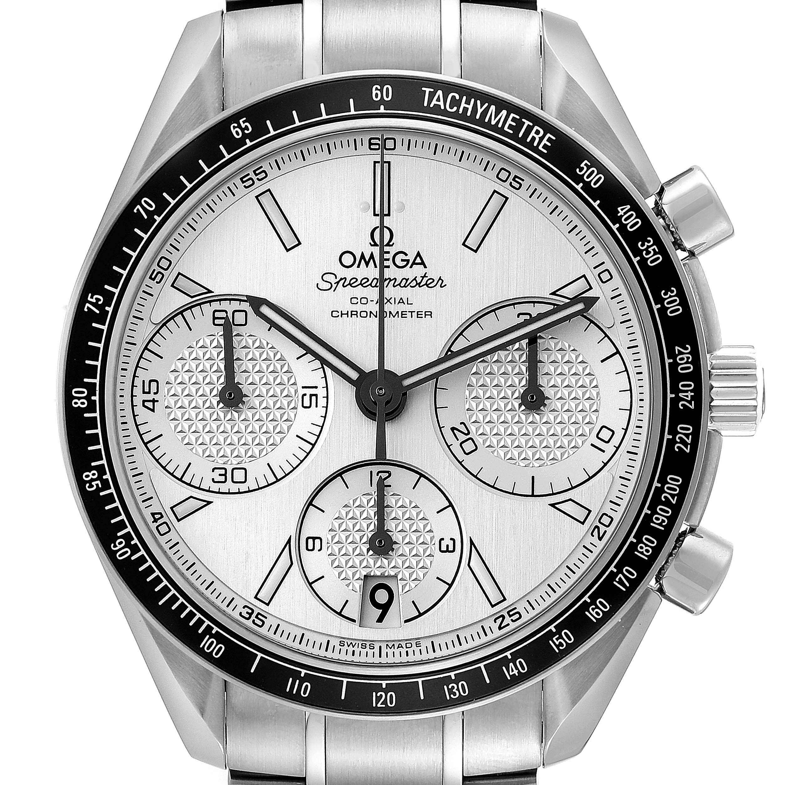 This Omega Speedmaster 326.30.40.50.02.001 Men
s Stainless Steel Silver Dial 326.30.40.50.02.001 Men
s Stainless Steel Silver Dial watch is shown from the front, displaying its tachymeter bezel, chronograph subdials, and stainless steel case.