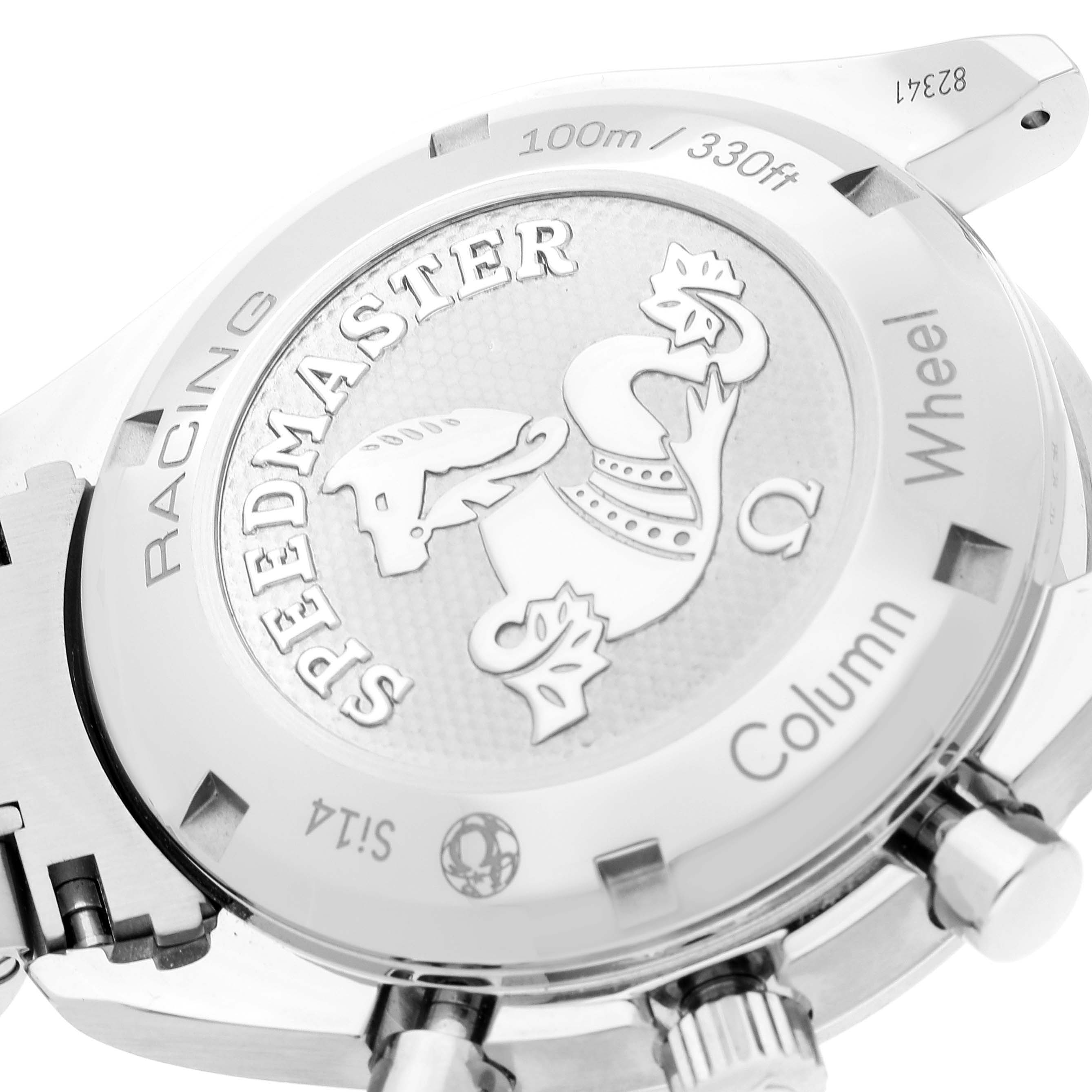 This image shows the back cover and partial side view, including pushers, of an Omega Speedmaster 326.30.40.50.02.001 Men
s Stainless Steel Silver Dial 326.30.40.50.02.001 Men
s Stainless Steel Silver Dial Racing watch.