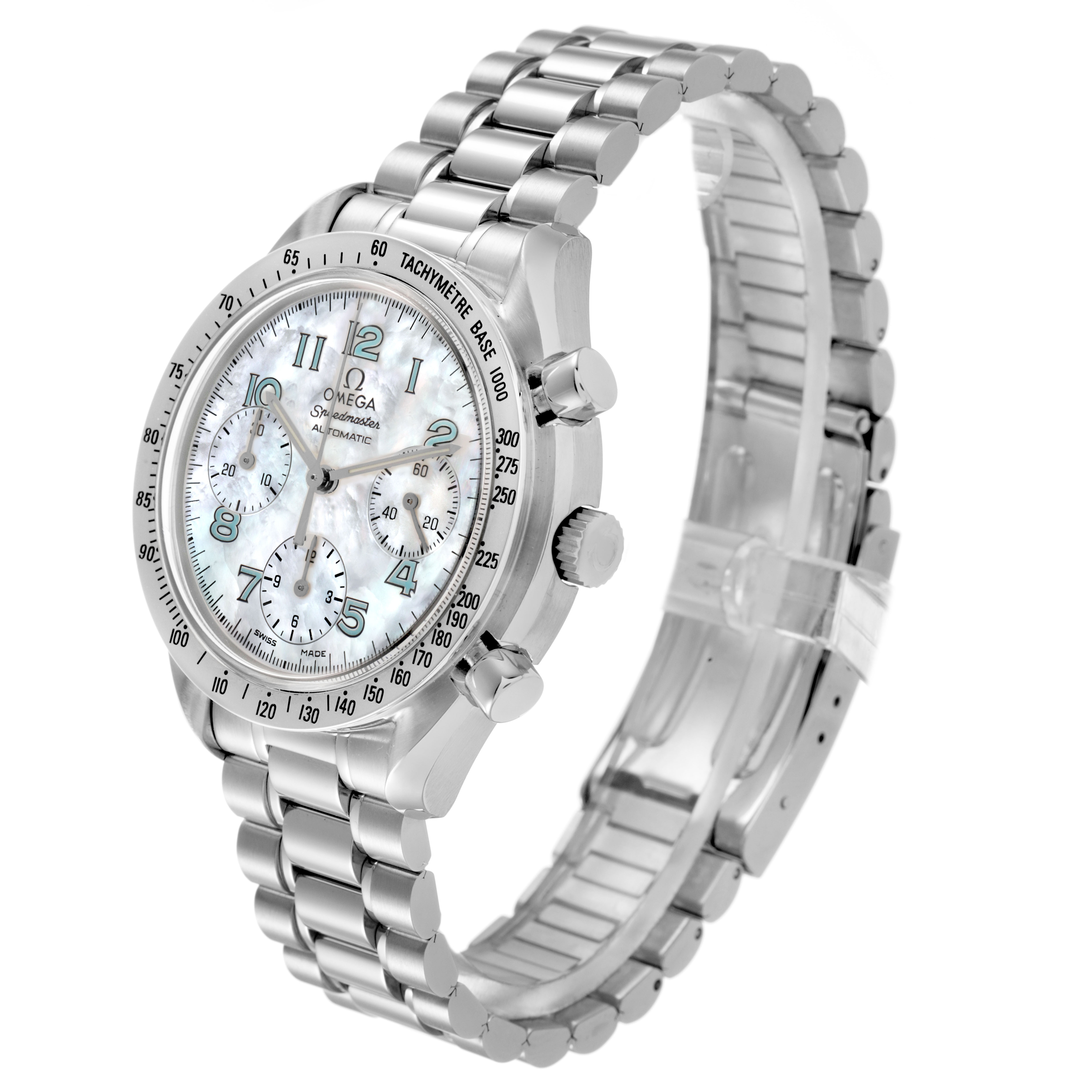 The Omega Speedmaster 3502.71.00 Men's Stainless Steel Mother of Pearl Dial watch is shown at a three-quarter angle, highlighting the face, bezel, pushers, and bracelet.