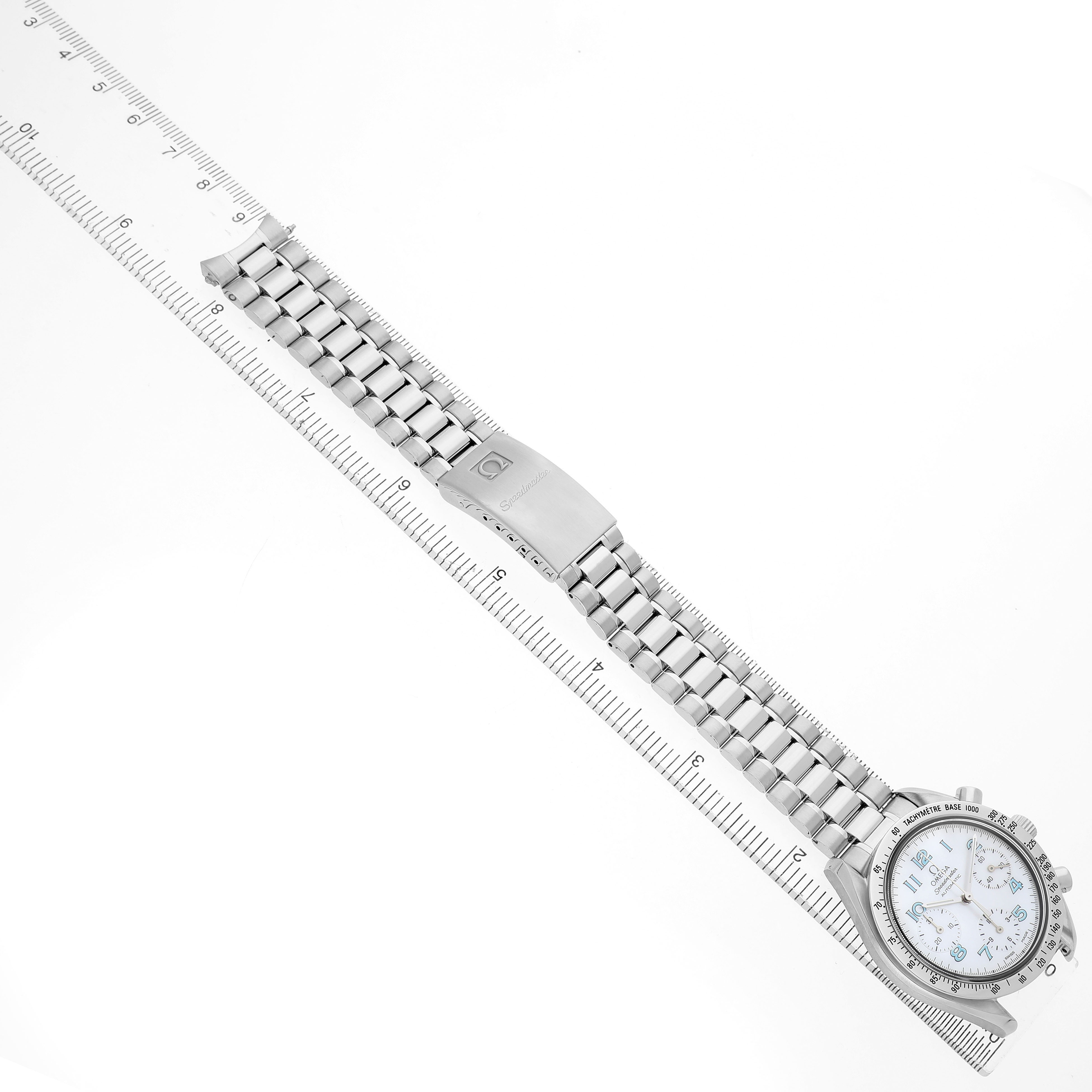 The Omega Speedmaster 3502.71.00 Men's Stainless Steel Mother of Pearl Dial watch is shown from a top-down angle, displaying the bracelet, clasp, and face.