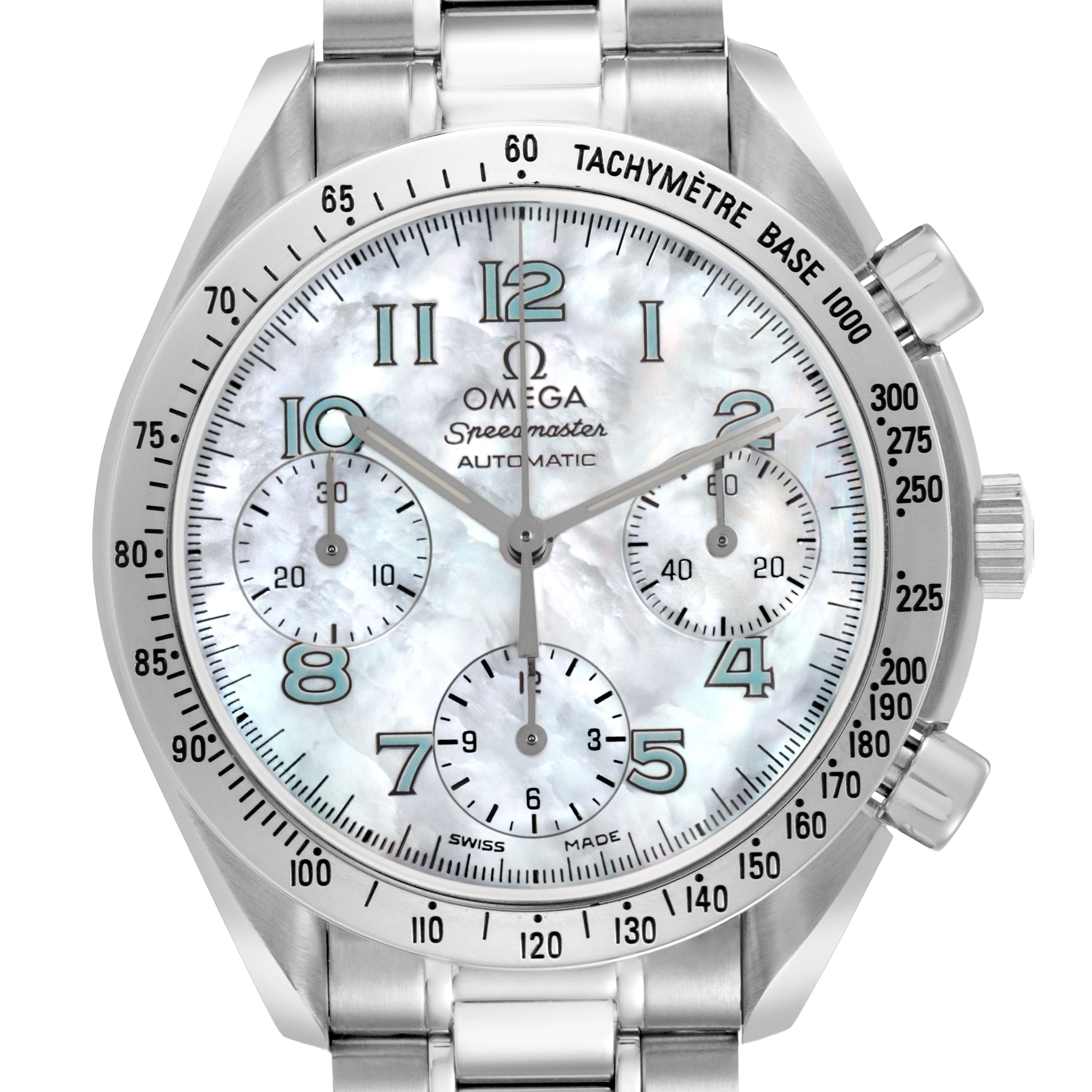 The Omega Speedmaster 3502.71.00 Men's Stainless Steel Mother of Pearl Dial watch is shown from a front angle, highlighting the dial, tachymeter bezel, and stainless steel bracelet.