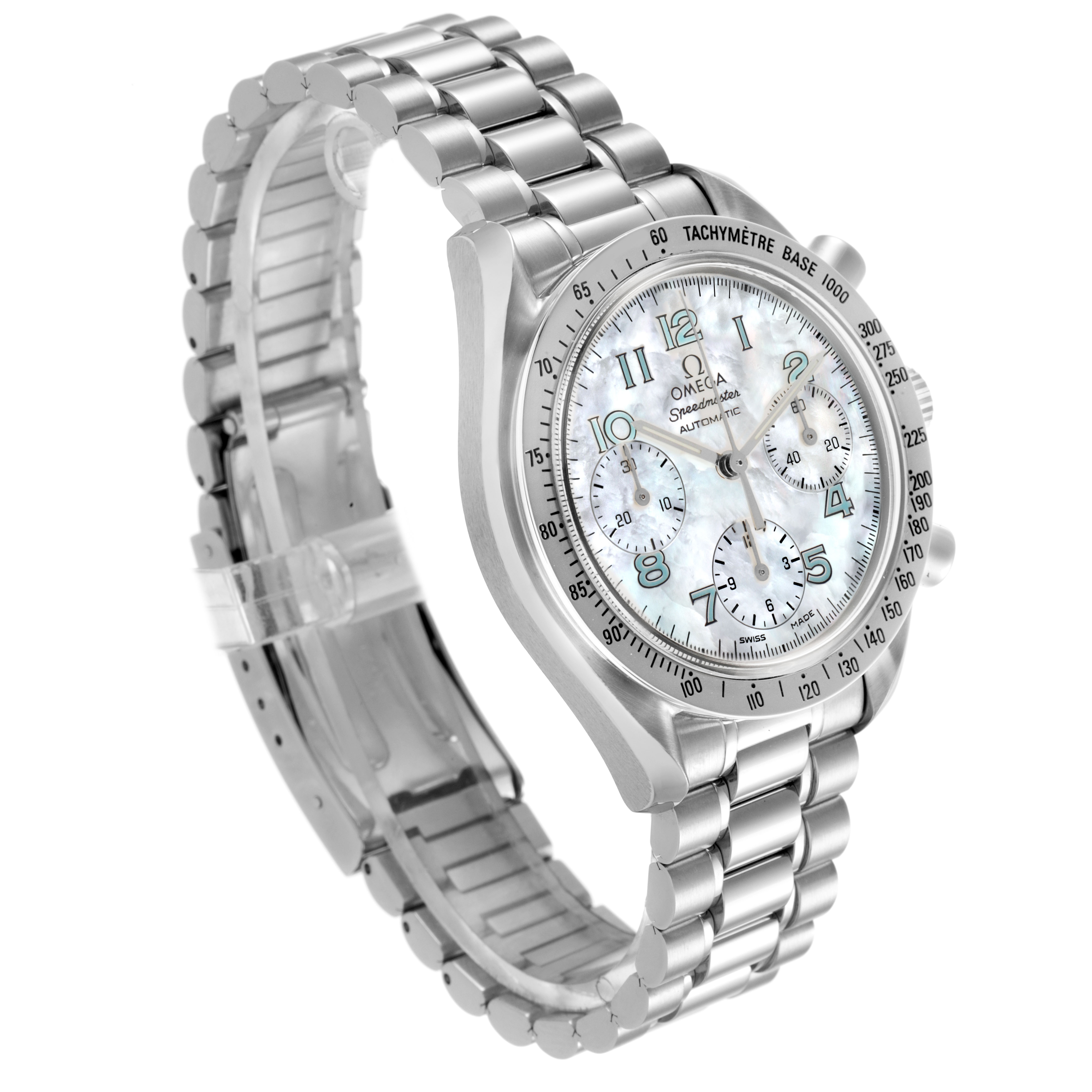 The Omega Speedmaster 3502.71.00 Men's Stainless Steel Mother of Pearl Dial model is shown at an oblique angle highlighting the face, bezel, and metal bracelet.