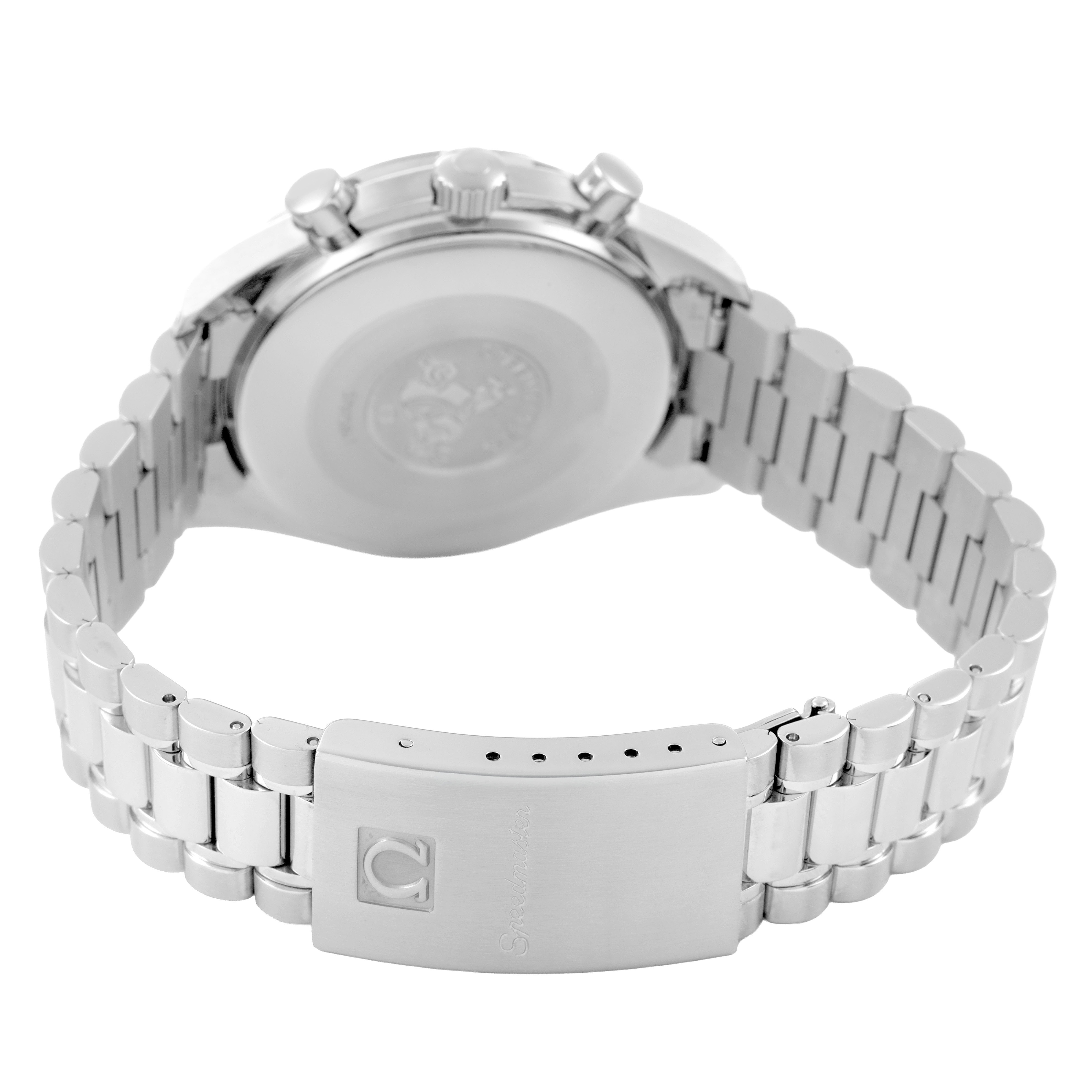 The image shows the back and bracelet of an Omega Speedmaster 3502.71.00 Men's Stainless Steel Mother of Pearl Dial, highlighting the clasp and case back.
