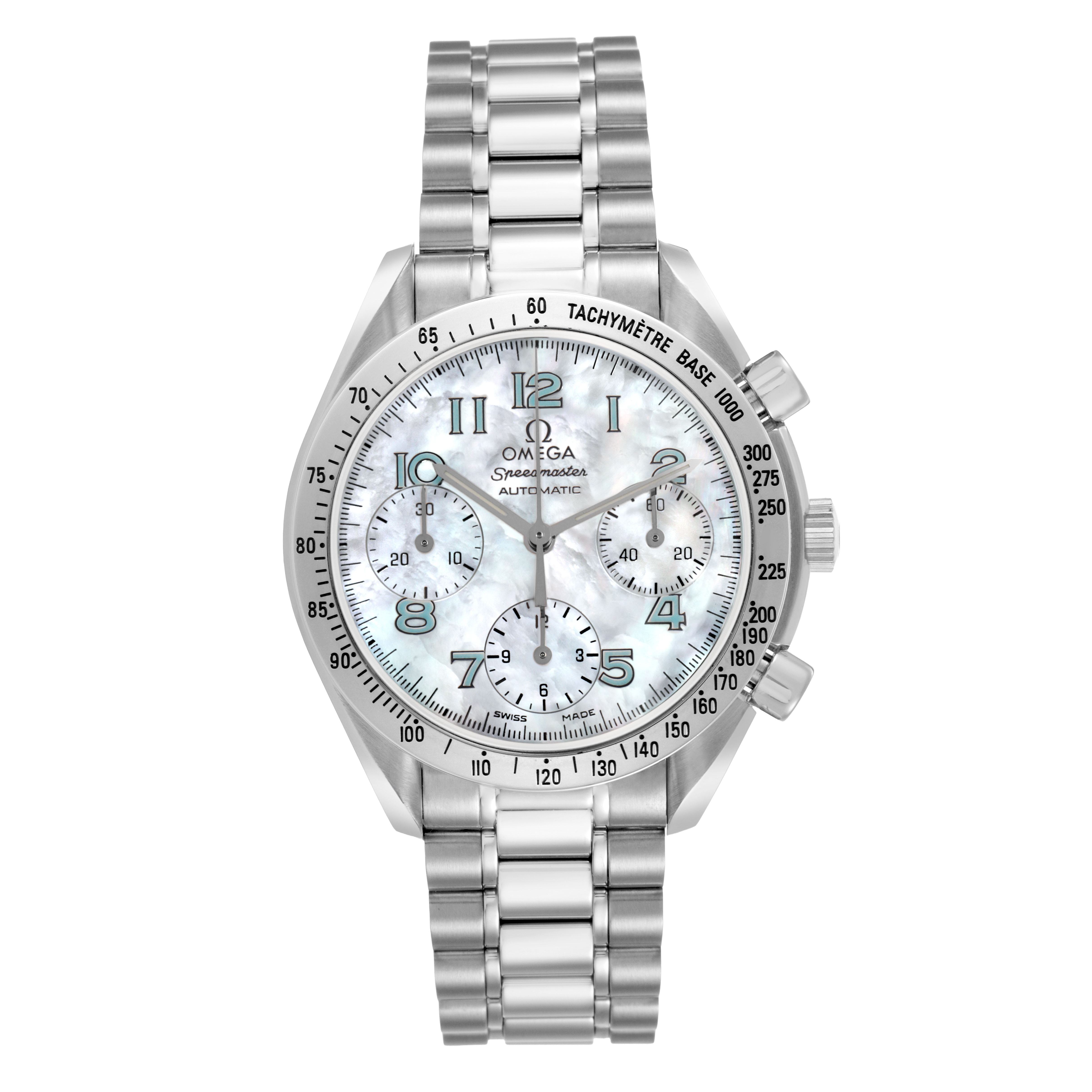 The Omega Speedmaster 3502.71.00 Men's Stainless Steel Mother of Pearl Dial watch is shown from the front, highlighting the dial, bezel, and bracelet.