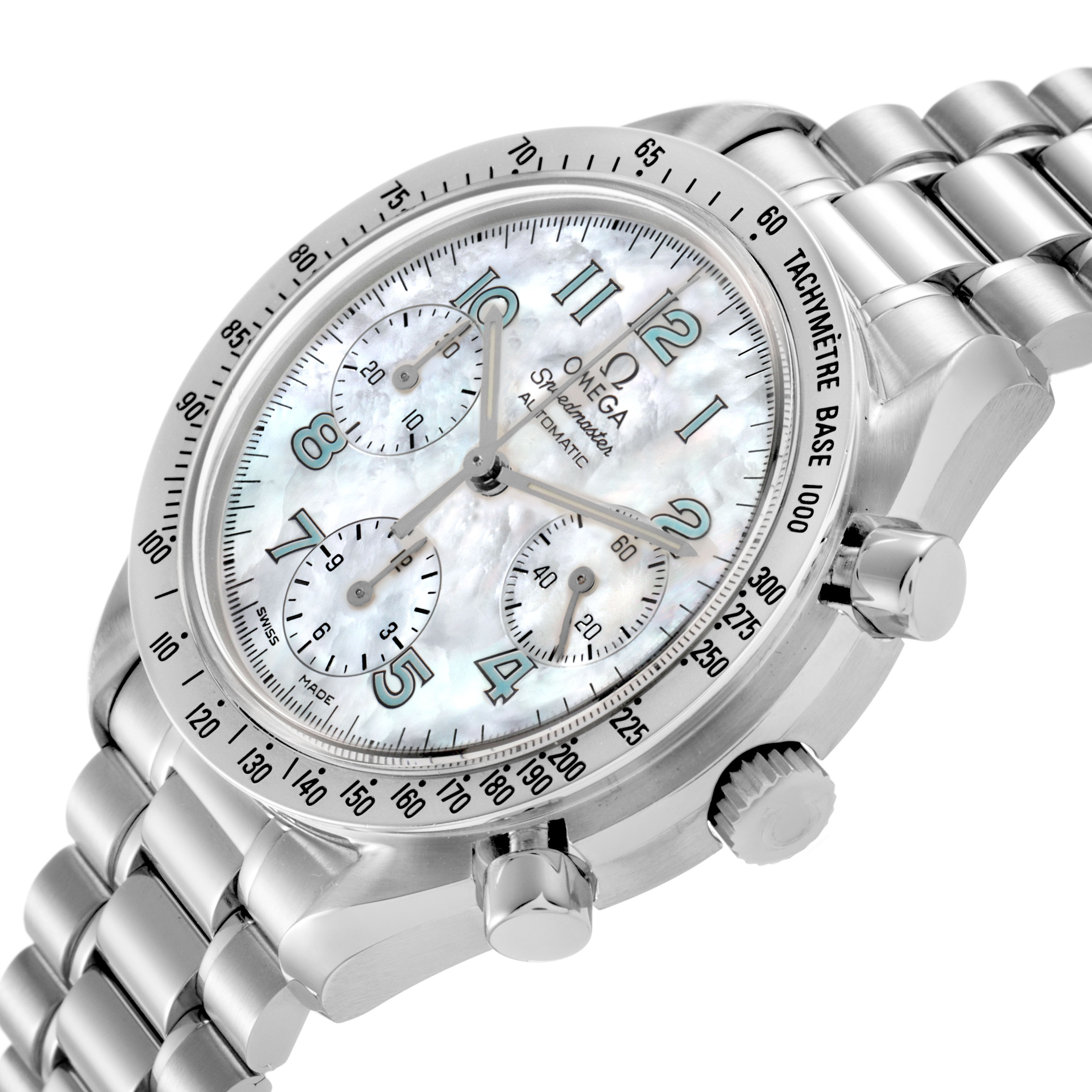The Omega Speedmaster 3502.71.00 Men's Stainless Steel Mother of Pearl Dial is shown from a three-quarter angle, highlighting the face, bezel, and bracelet.