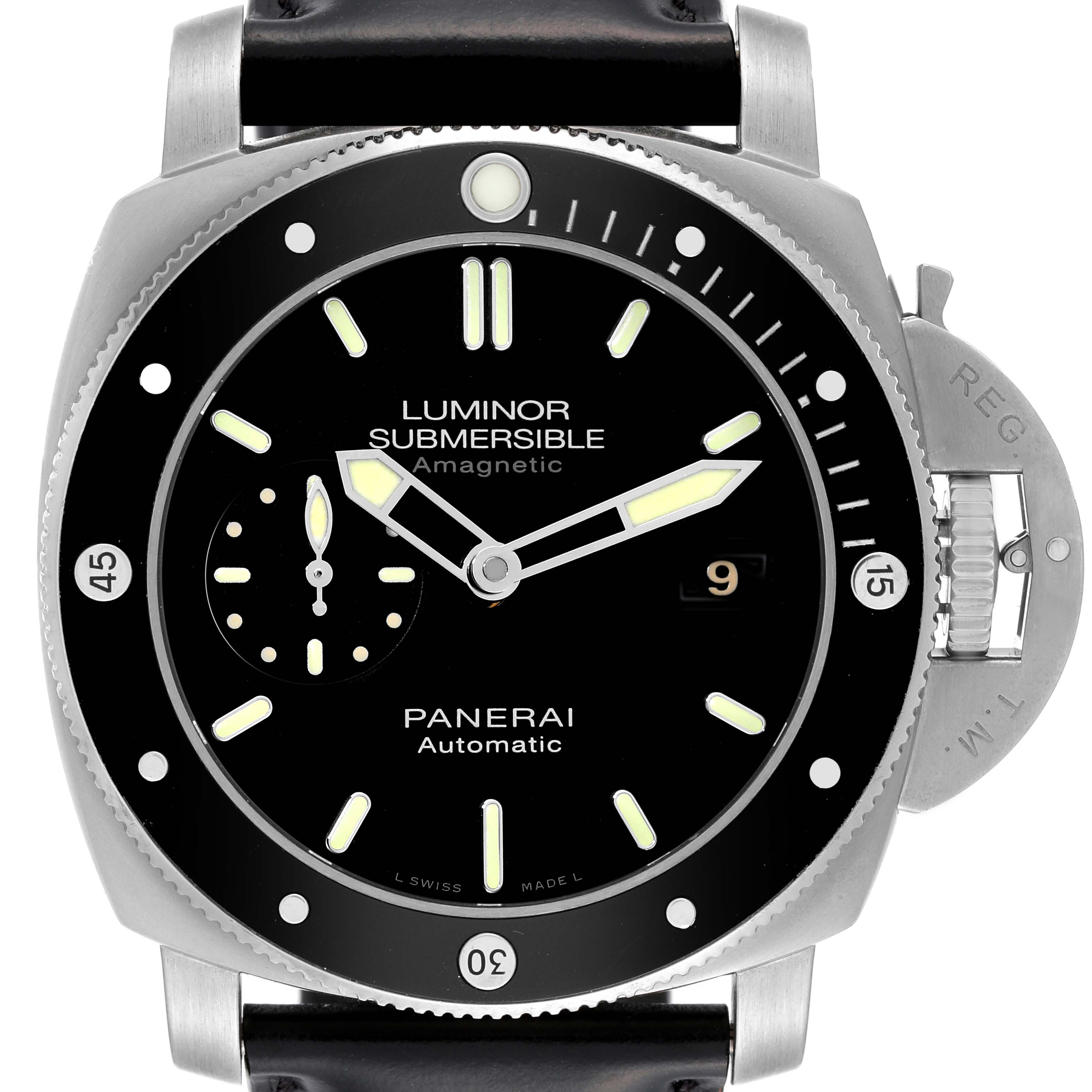 This image shows a frontal view of a Panerai Luminor Submersible watch.