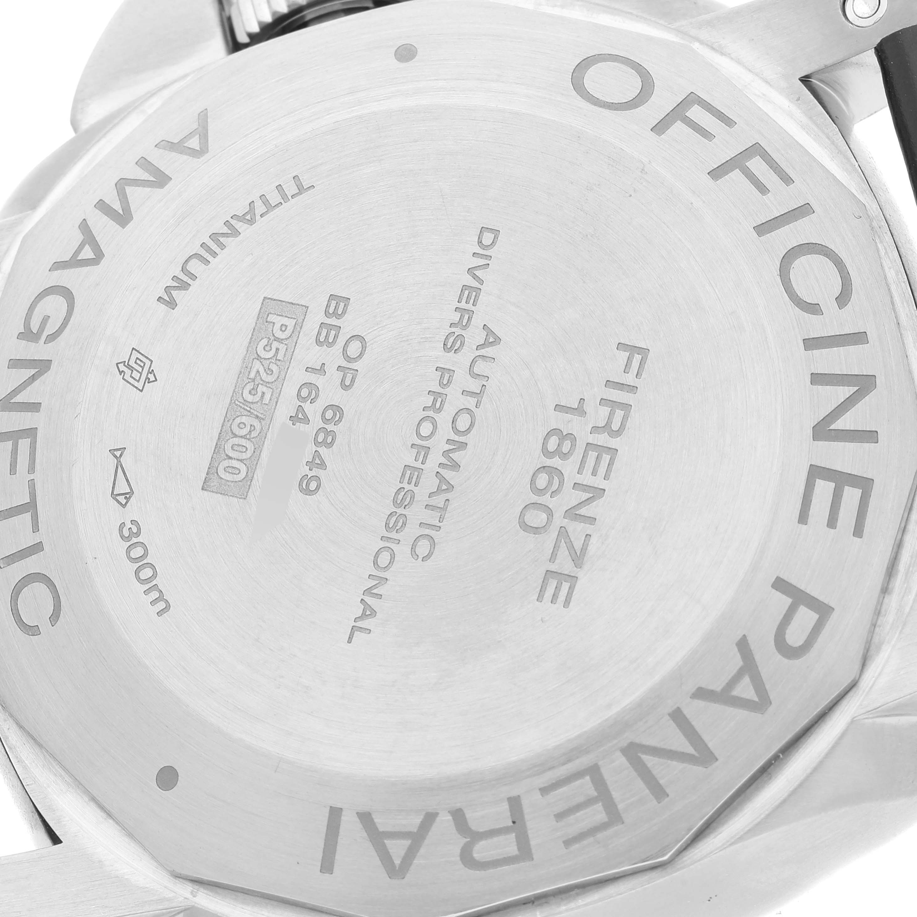 The image shows the case back of a Panerai Submersible PAM00389 Men
s Titanium Black Dial PAM00389 Men
s Titanium Black Dial watch, highlighting its details and engravings.